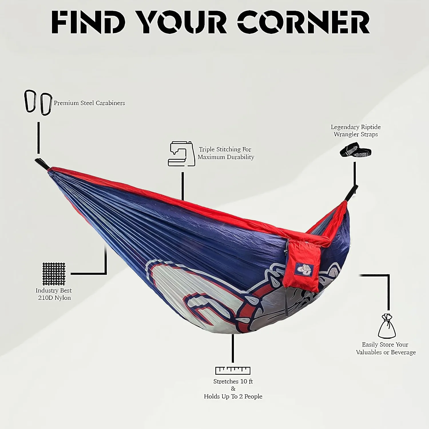 Rincon Official (Gonzaga University) College Hammock - Premium 210T Nylon, Spacious 112 x 74 inches (LxW) Double & Single Camping Hammock - Portable Outdoor Adventure Gear for Students and Alumni
