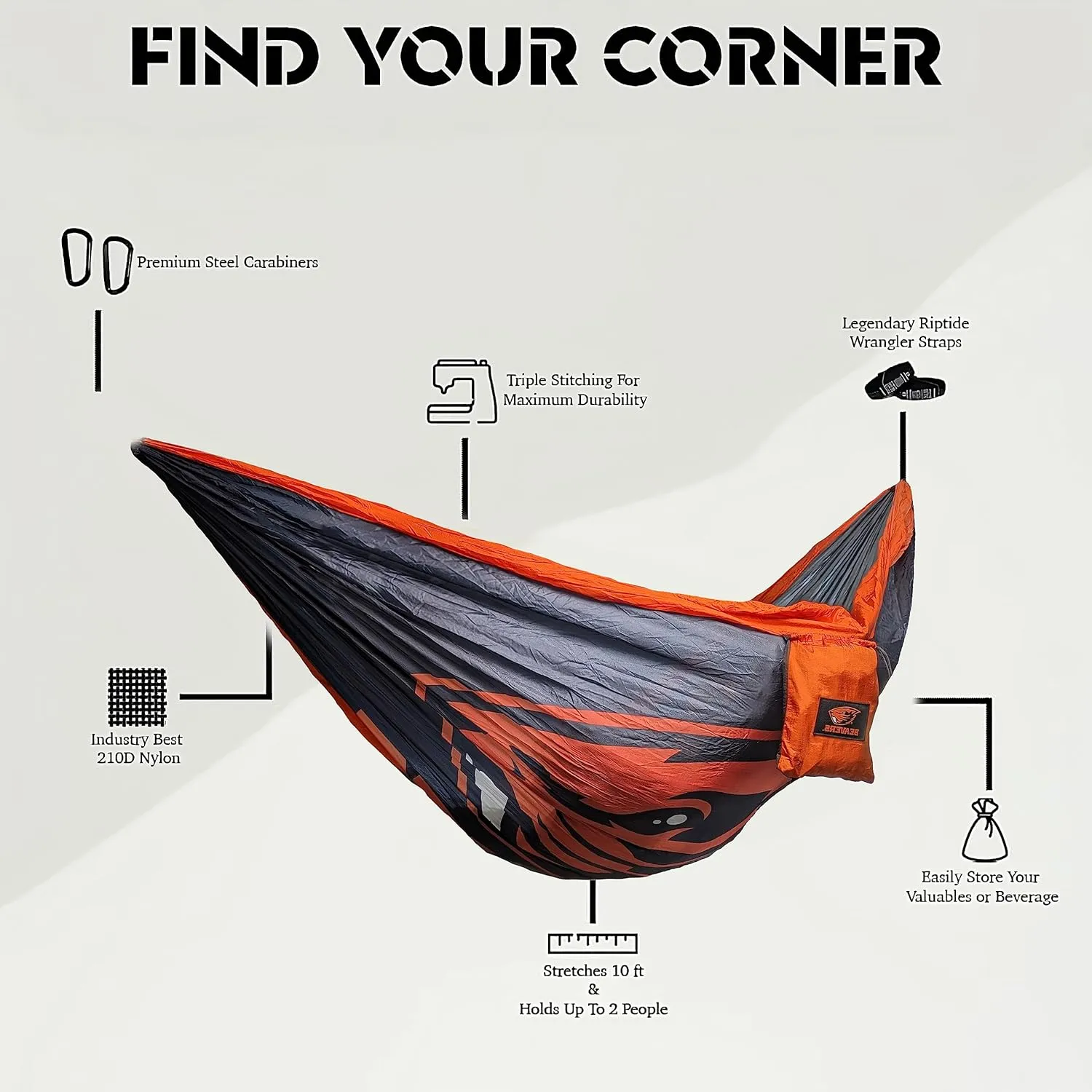 Rincon Official (Oregon State University) University College Hammock - Premium 210T Nylon, Spacious 112 x 74 inches (LxW) Double & Single Camping Hammock - Portable Gear for Students and Alumni
