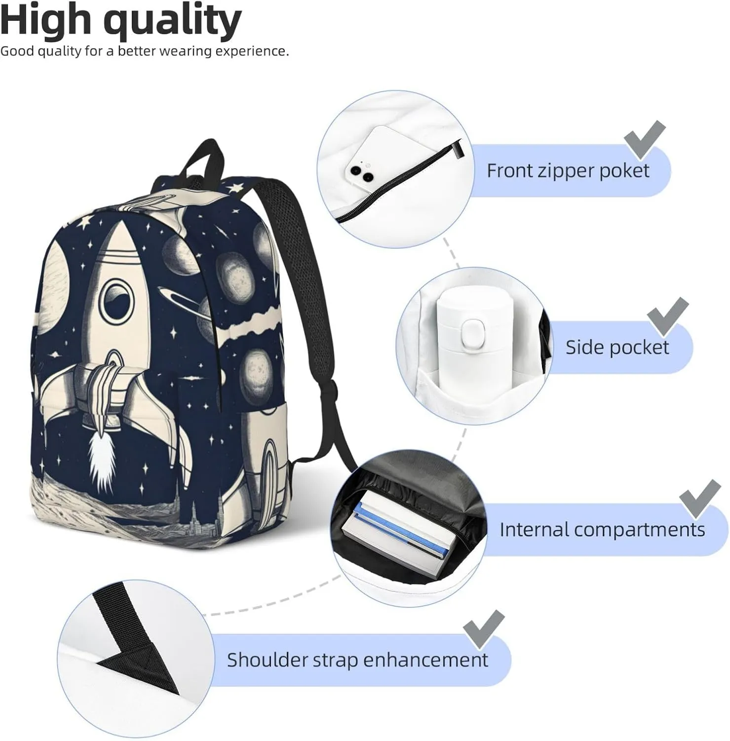 Rocket in Space print Laptop Backpack for Women, Work Business Backpacks Large Capacity Nurse Bag College Bookbag