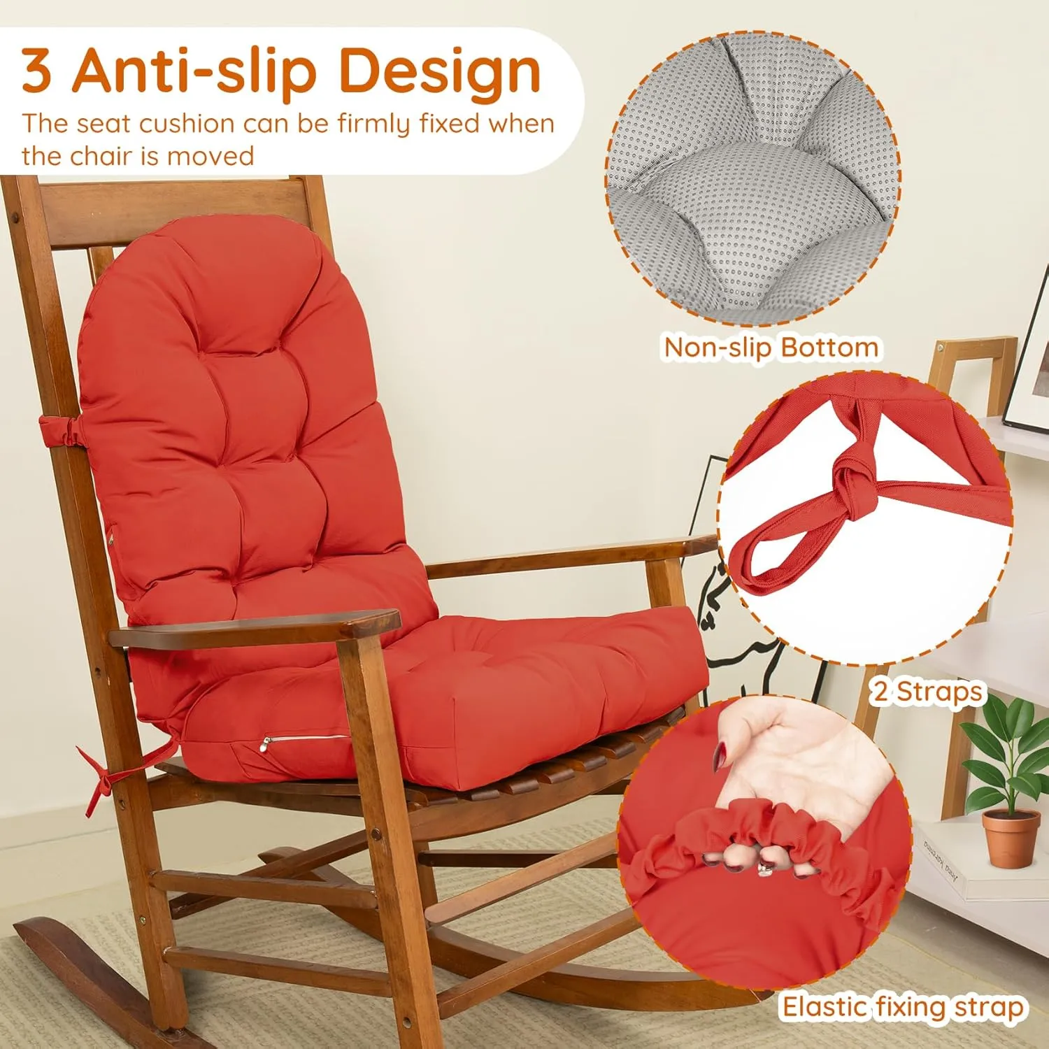 Rocking Chair Cushion Outdoor/Indoor 44x19 Inch, Waterproof Thick High Back Patio Chair Cushions, 3 Non-Slip Designs of Tufted Rocking Chair Pads, Red