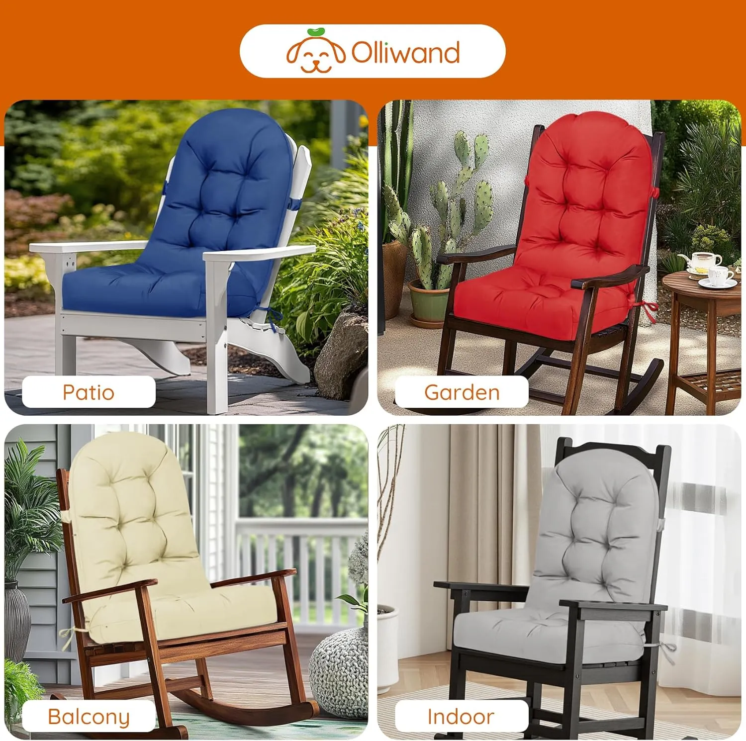 Rocking Chair Cushion Outdoor/Indoor 44x19 Inch, Waterproof Thick High Back Patio Chair Cushions, 3 Non-Slip Designs of Tufted Rocking Chair Pads, Red
