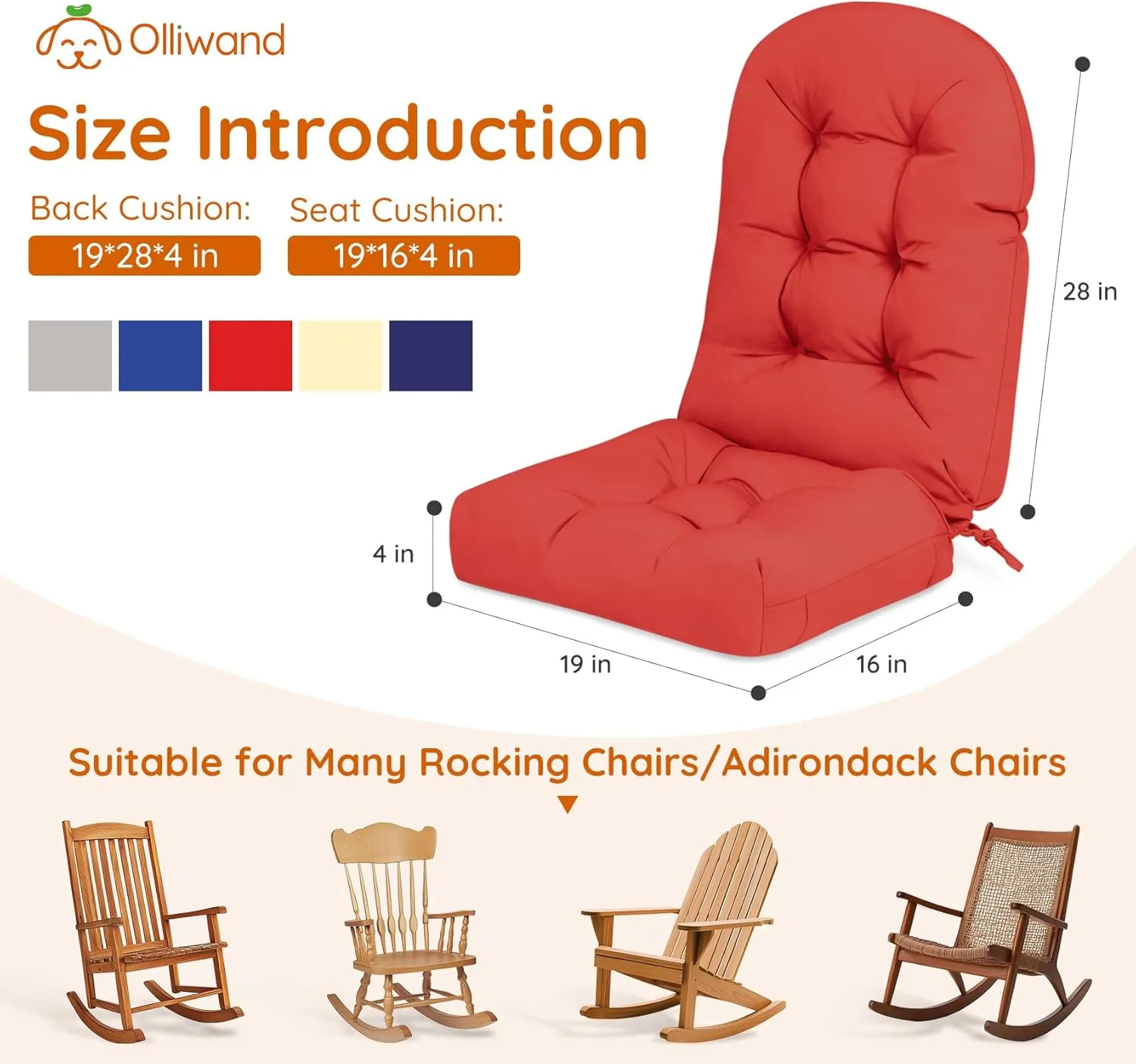Rocking Chair Cushion Outdoor/Indoor 44x19 Inch, Waterproof Thick High Back Patio Chair Cushions, 3 Non-Slip Designs of Tufted Rocking Chair Pads, Red
