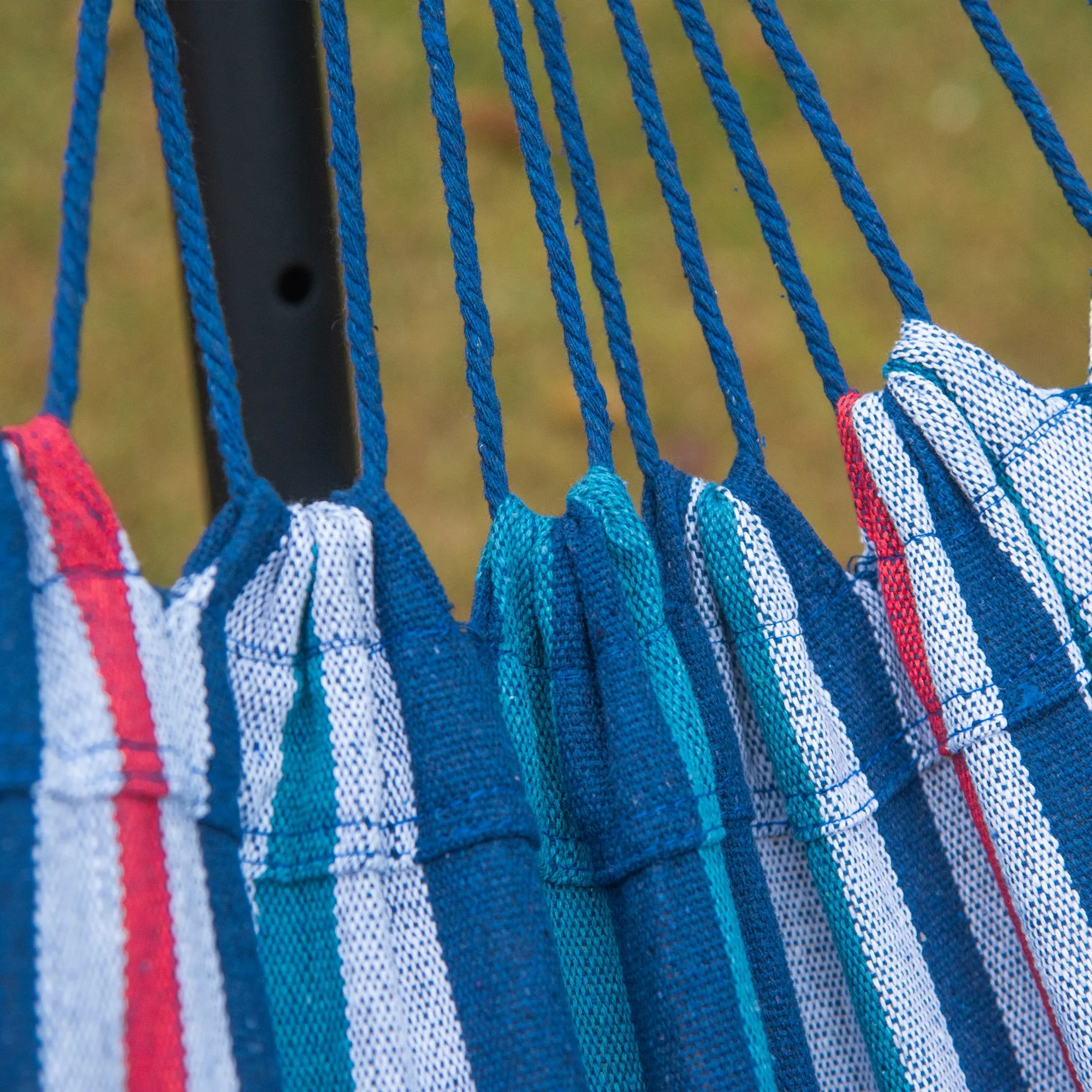 Rootz Free-Standing Hammock - Portable Lounge Bed - Outdoor Relaxation - Max Load 120kg - 298cm x 117cm x 105cm - Blue White Stripes