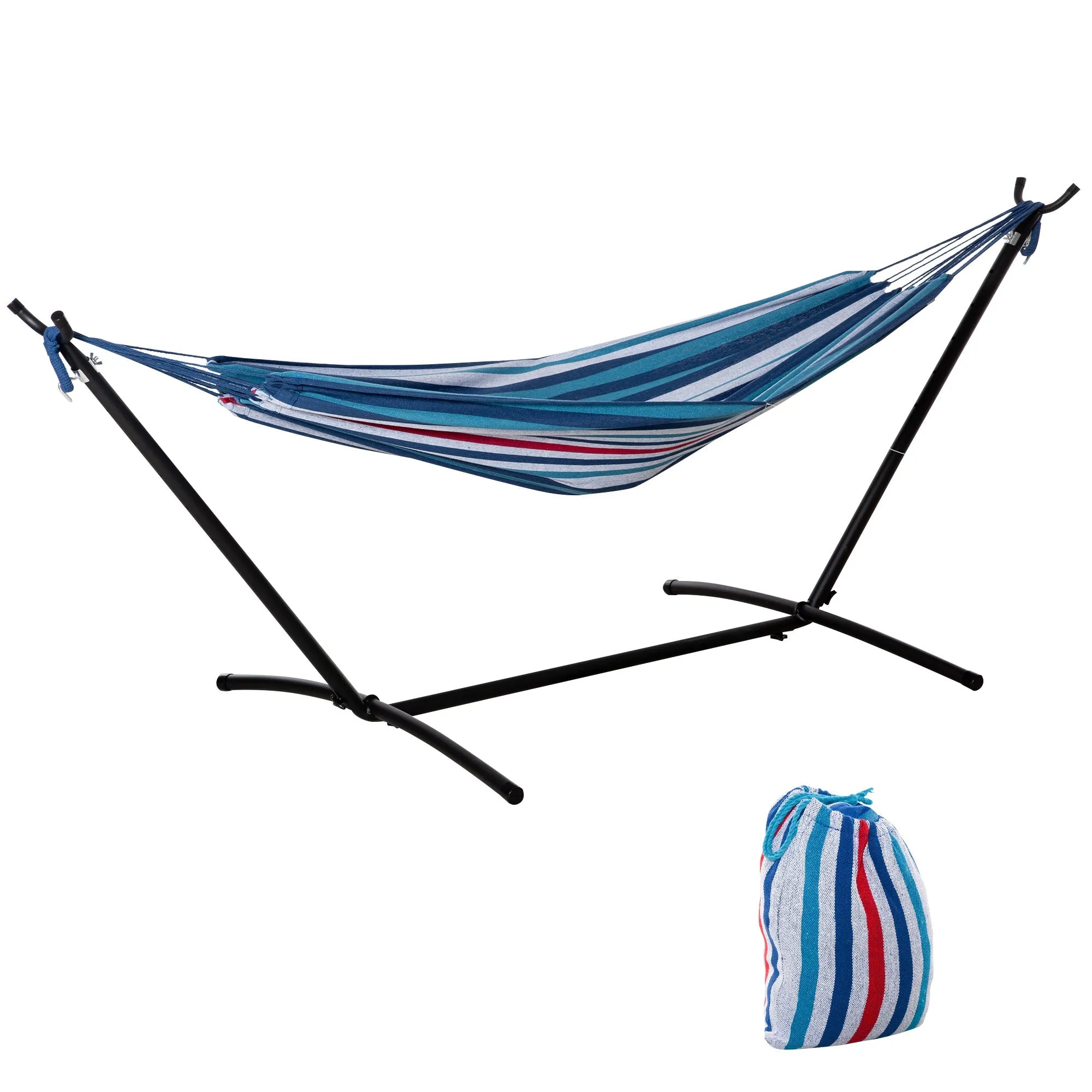 Rootz Free-Standing Hammock - Portable Lounge Bed - Outdoor Relaxation - Max Load 120kg - 298cm x 117cm x 105cm - Blue White Stripes