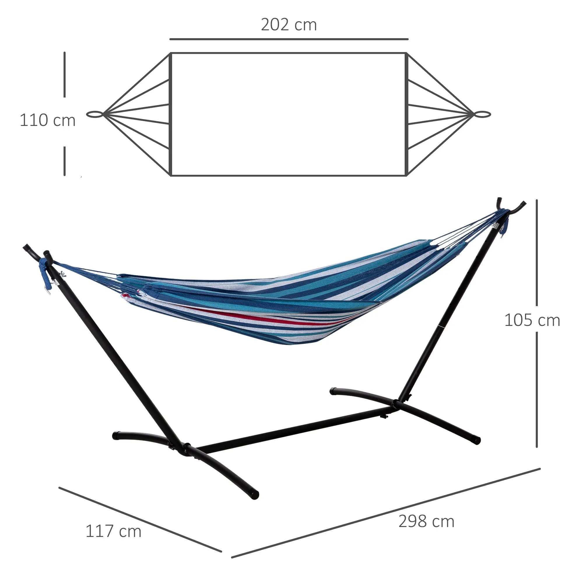 Rootz Free-Standing Hammock - Portable Lounge Bed - Outdoor Relaxation - Max Load 120kg - 298cm x 117cm x 105cm - Blue White Stripes