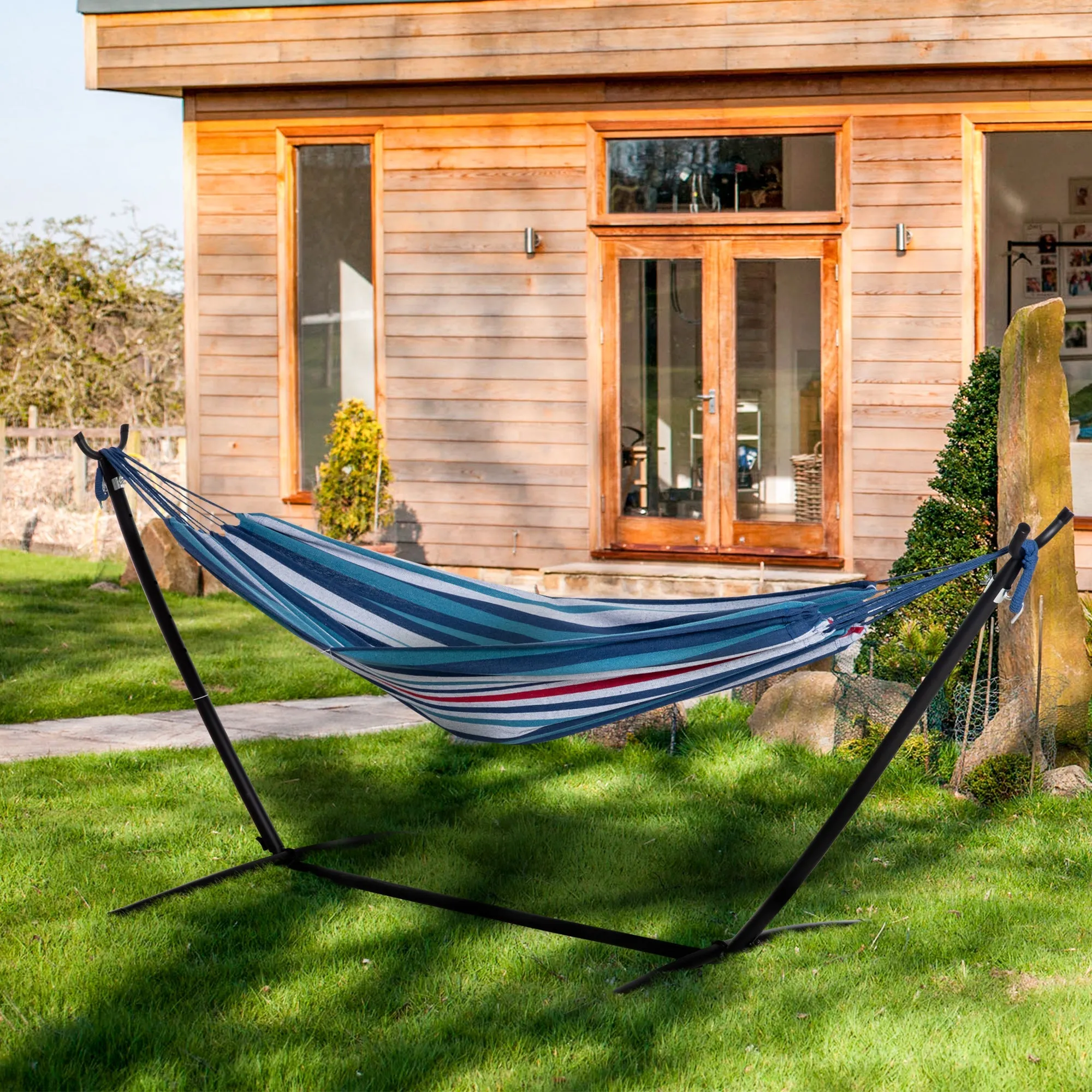 Rootz Free-Standing Hammock - Portable Lounge Bed - Outdoor Relaxation - Max Load 120kg - 298cm x 117cm x 105cm - Blue White Stripes