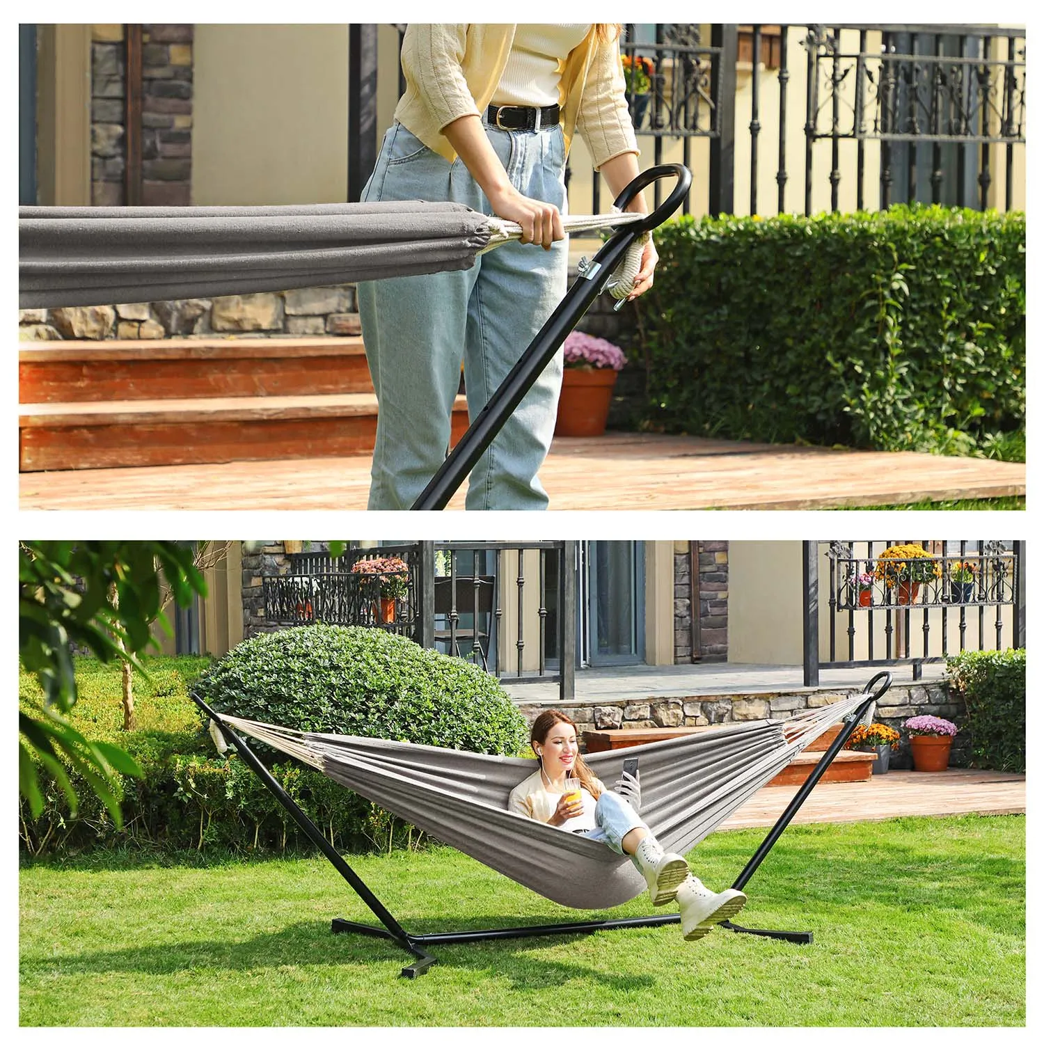 Rootz Hammock Set with Stand - Outdoor Swing - Relaxation Station - Cotton-Polyester Fabric - Stable Metal Frame - 300cm x 90cm x 95cm