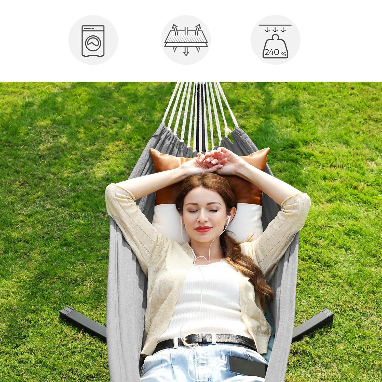 Rootz Hammock Set with Stand - Outdoor Swing - Relaxation Station - Cotton-Polyester Fabric - Stable Metal Frame - 300cm x 90cm x 95cm