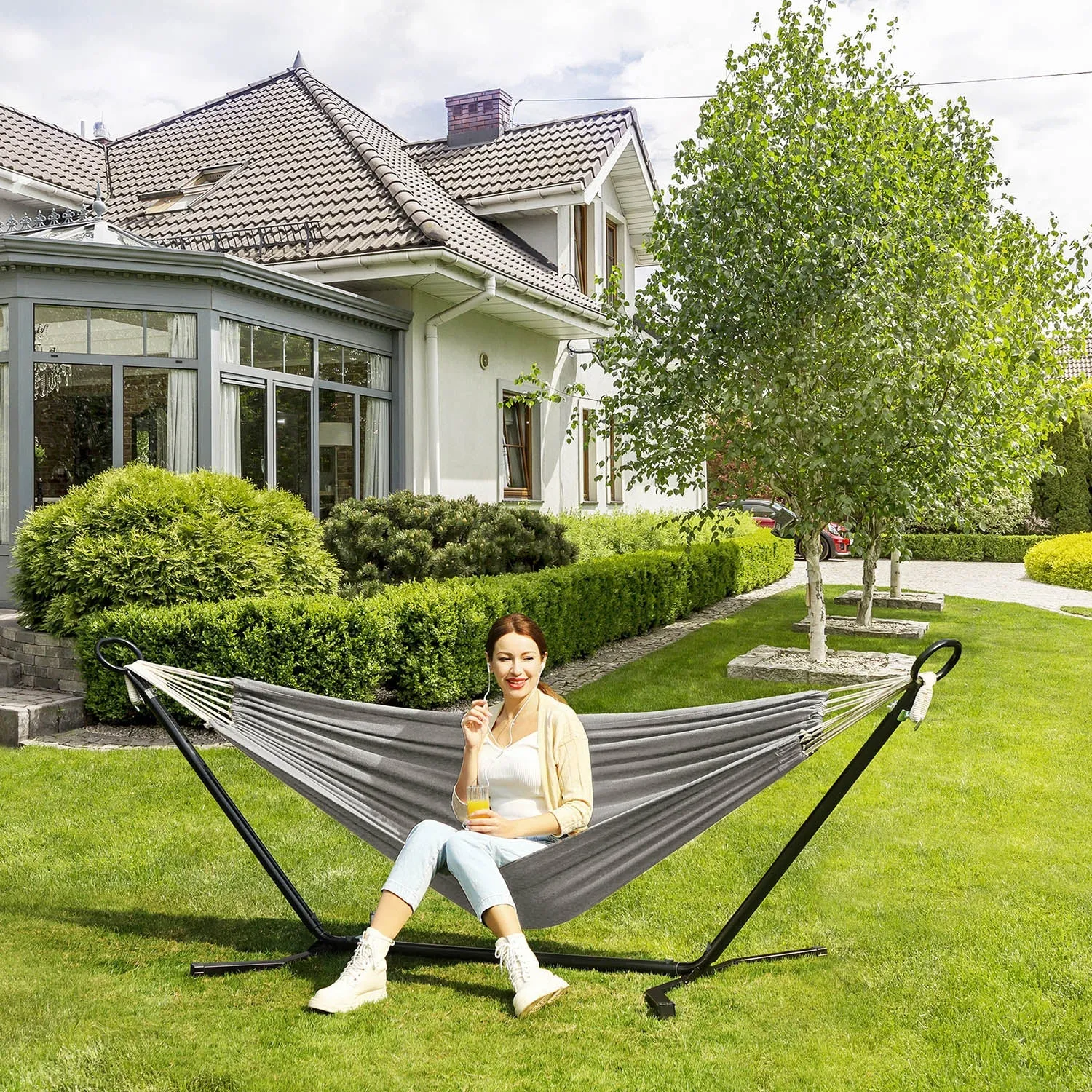 Rootz Hammock Set with Stand - Outdoor Swing - Relaxation Station - Cotton-Polyester Fabric - Stable Metal Frame - 300cm x 90cm x 95cm