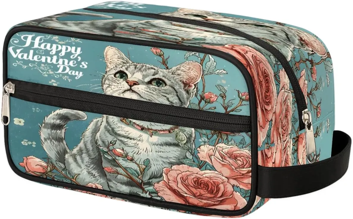 Rose Watercolor Cat Large Capacity Travel Cosmetic Bag Waterproof Toiletry Bag Cosmetic Makeup Portable Bag with Handle for Travel Gym Camping