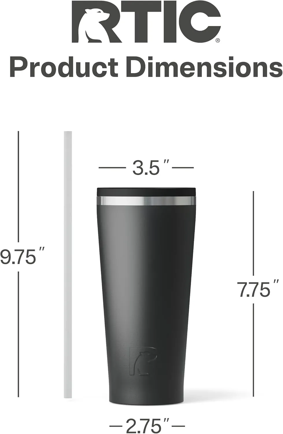 RTIC 20oz Everyday Tumbler Insulated Stainless Steel Portable Travel Coffee Cup with Straw, Spill-Resistant Lid, BPA-Free, Hot and Cold Drink, Ceramic Lining, Black