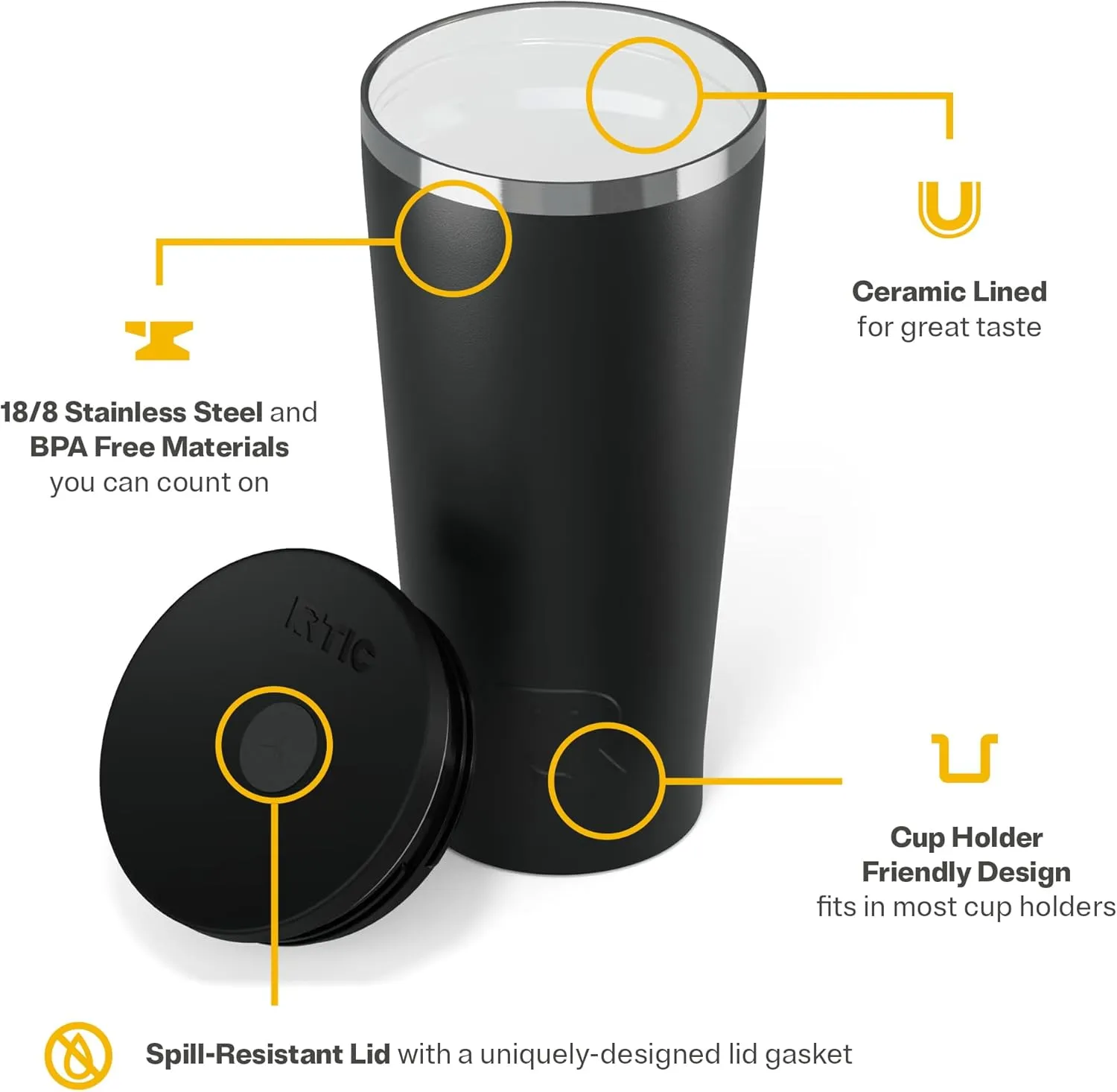 RTIC 20oz Everyday Tumbler Insulated Stainless Steel Portable Travel Coffee Cup with Straw, Spill-Resistant Lid, BPA-Free, Hot and Cold Drink, Ceramic Lining, Black