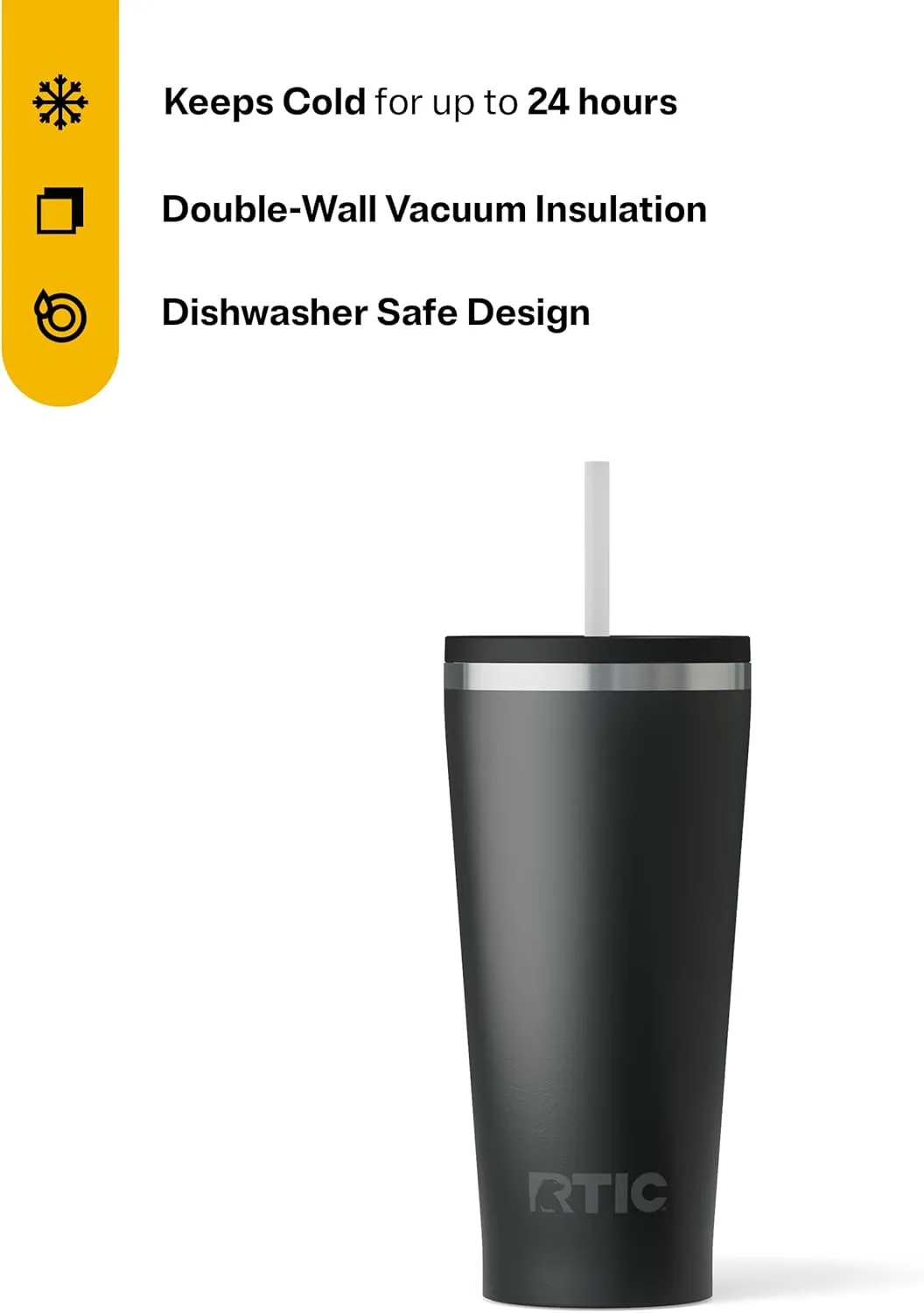 RTIC 20oz Everyday Tumbler Insulated Stainless Steel Portable Travel Coffee Cup with Straw, Spill-Resistant Lid, BPA-Free, Hot and Cold Drink, Ceramic Lining, Black