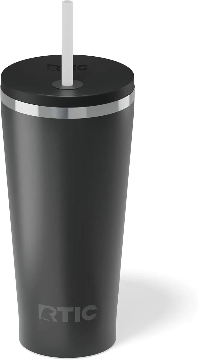 RTIC 20oz Everyday Tumbler Insulated Stainless Steel Portable Travel Coffee Cup with Straw, Spill-Resistant Lid, BPA-Free, Hot and Cold Drink, Ceramic Lining, Black