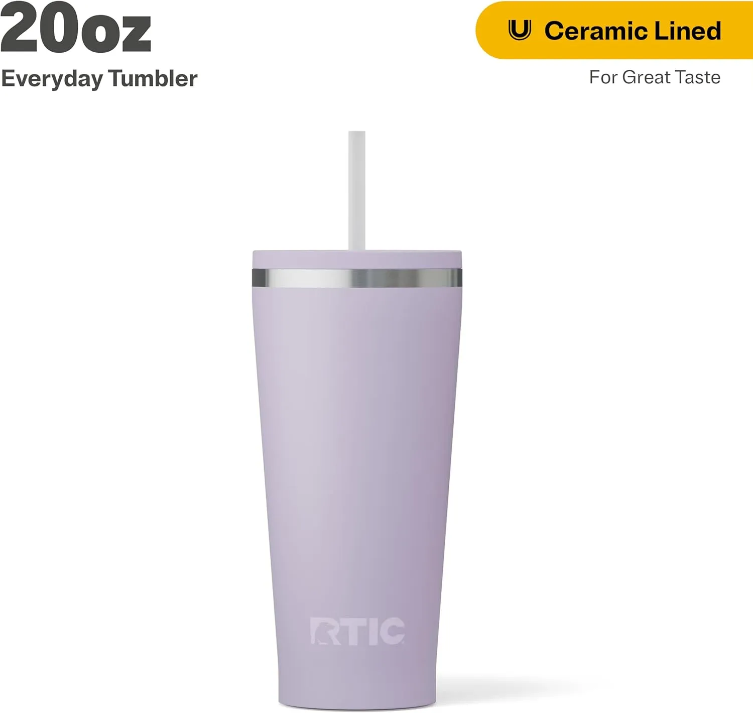 RTIC 20oz Everyday Tumbler Insulated Stainless Steel Portable Travel Coffee Cup with Straw, Spill-Resistant Lid, BPA-Free, Hot and Cold Drink, Ceramic Lining, Dusty Lilac
