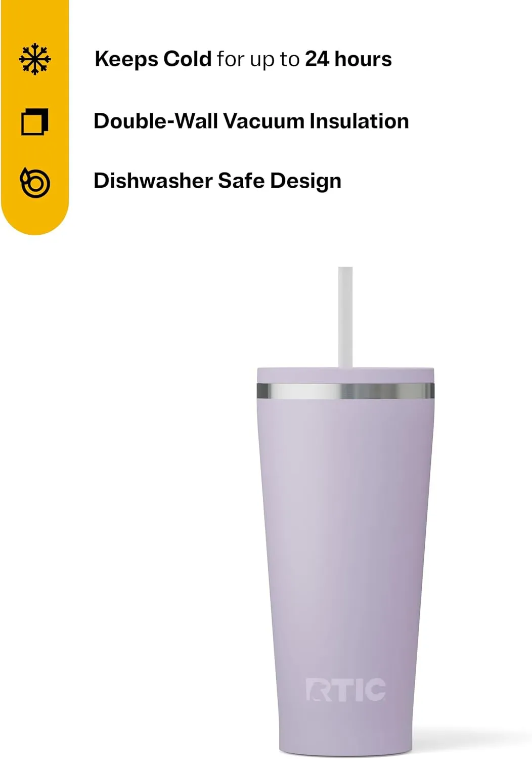 RTIC 20oz Everyday Tumbler Insulated Stainless Steel Portable Travel Coffee Cup with Straw, Spill-Resistant Lid, BPA-Free, Hot and Cold Drink, Ceramic Lining, Dusty Lilac