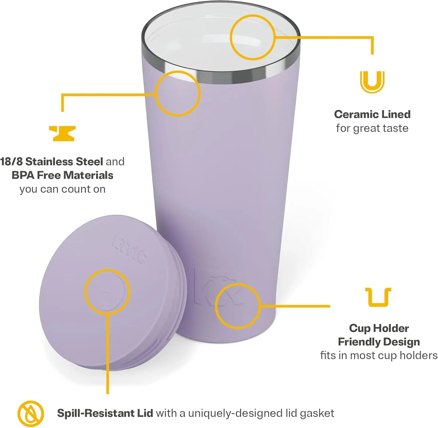 RTIC 20oz Everyday Tumbler Insulated Stainless Steel Portable Travel Coffee Cup with Straw, Spill-Resistant Lid, BPA-Free, Hot and Cold Drink, Ceramic Lining, Dusty Lilac