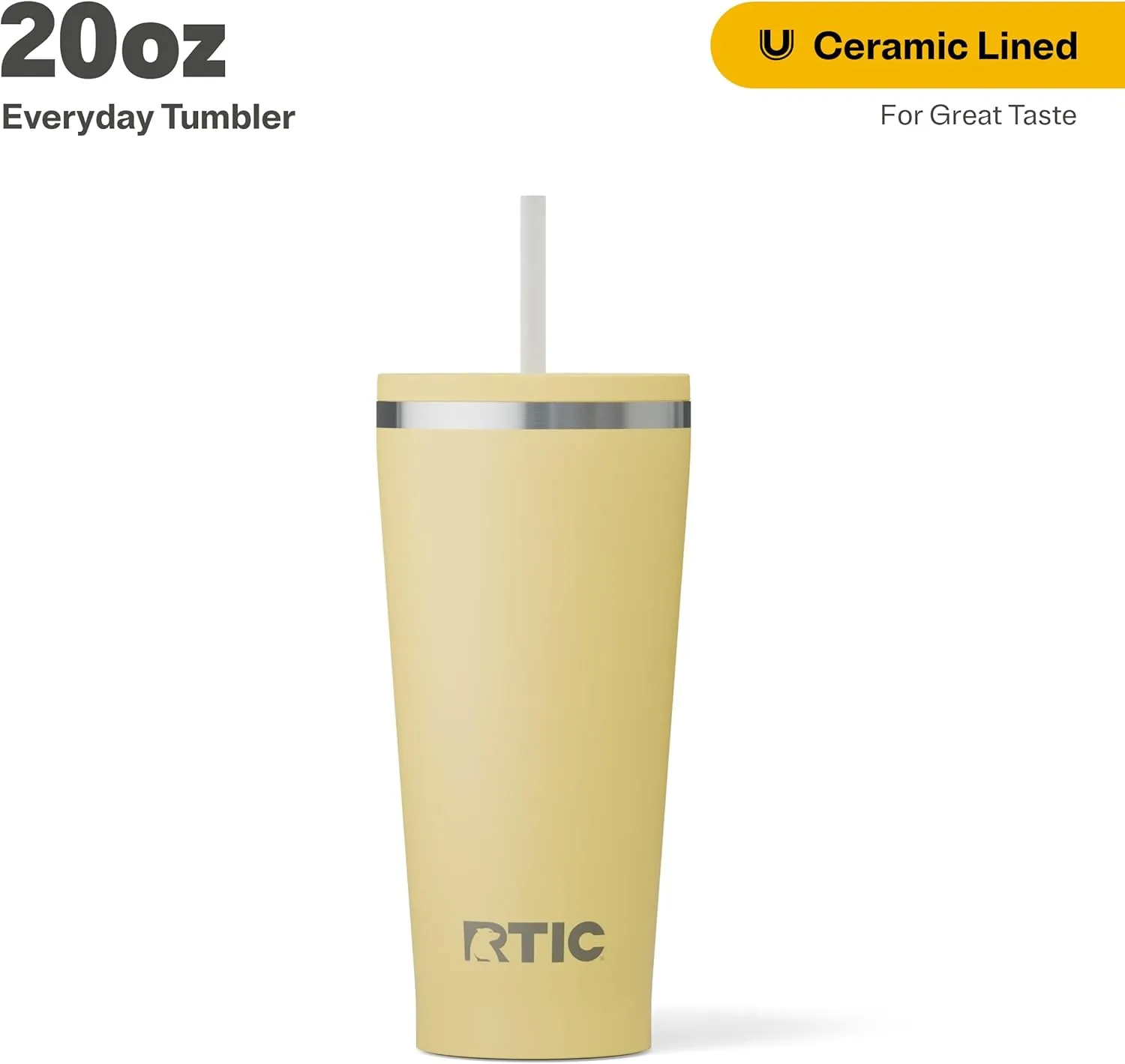 RTIC 20oz Everyday Tumbler Insulated Stainless Steel Portable Travel Coffee Cup with Straw, Spill-Resistant Lid, BPA-Free, Hot and Cold Drink, Ceramic Lining, Sunlight