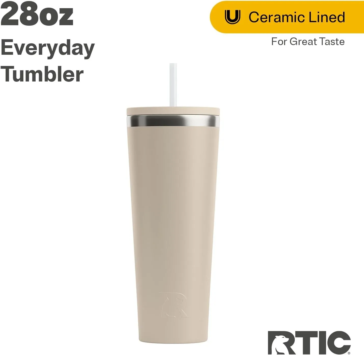 RTIC 28oz Everyday Tumbler Insulated Stainless Steel Portable Travel Coffee Cup with Straw, Spill-Resistant Lid, BPA-Free, Hot and Cold Drink, Ceramic Lining, Beach