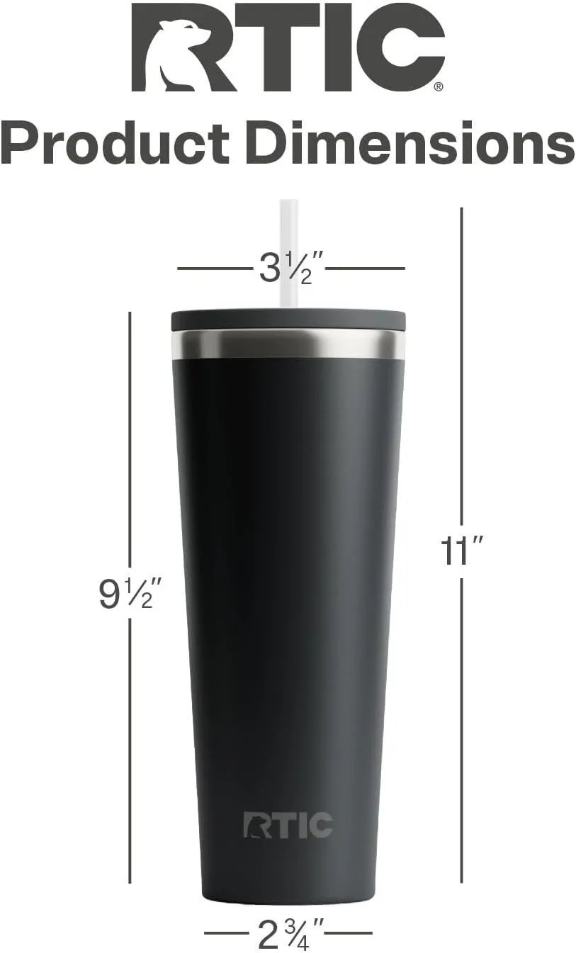 RTIC 28oz Everyday Tumbler Insulated Stainless Steel Portable Travel Coffee Cup with Straw, Spill-Resistant Lid, BPA-Free, Hot and Cold Drink, Ceramic Lining, Black