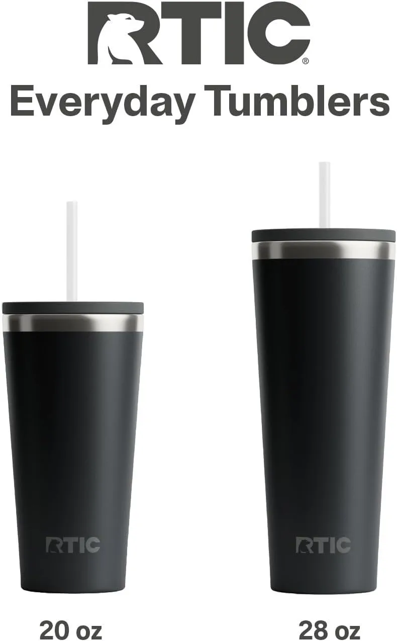 RTIC 28oz Everyday Tumbler Insulated Stainless Steel Portable Travel Coffee Cup with Straw, Spill-Resistant Lid, BPA-Free, Hot and Cold Drink, Ceramic Lining, Black