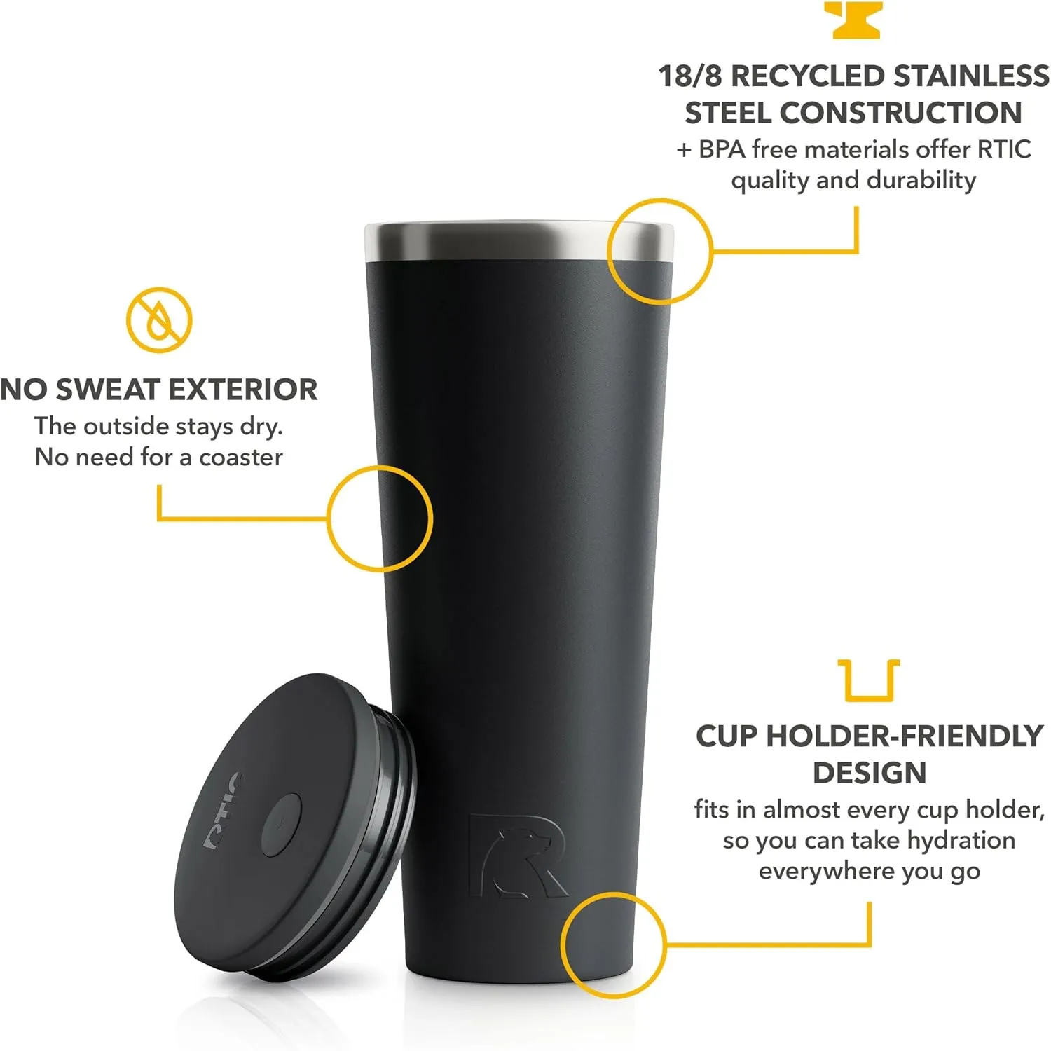 RTIC 28oz Everyday Tumbler Insulated Stainless Steel Portable Travel Coffee Cup with Straw, Spill-Resistant Lid, BPA-Free, Hot and Cold Drink, Ceramic Lining, Black