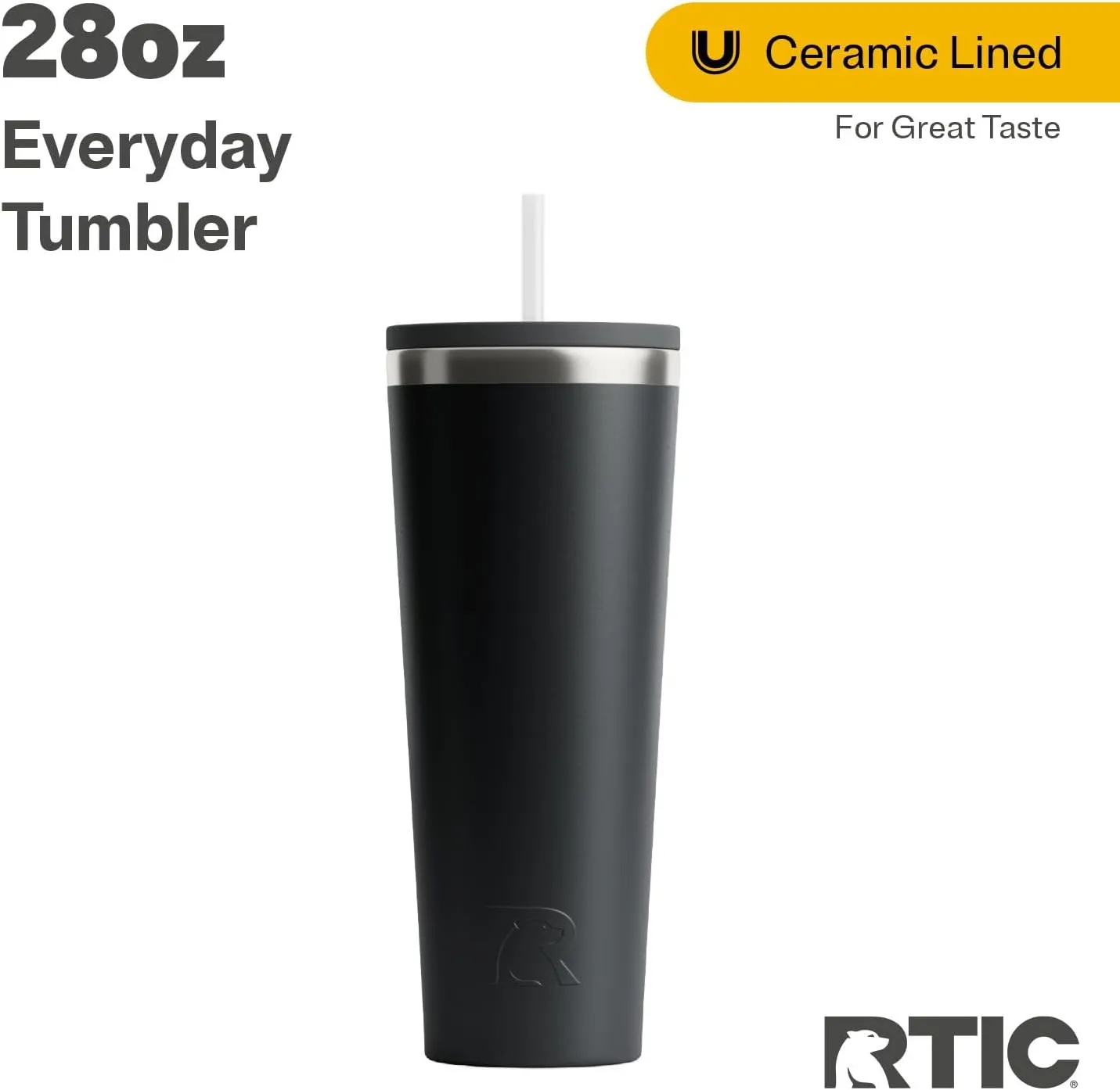 RTIC 28oz Everyday Tumbler Insulated Stainless Steel Portable Travel Coffee Cup with Straw, Spill-Resistant Lid, BPA-Free, Hot and Cold Drink, Ceramic Lining, Black