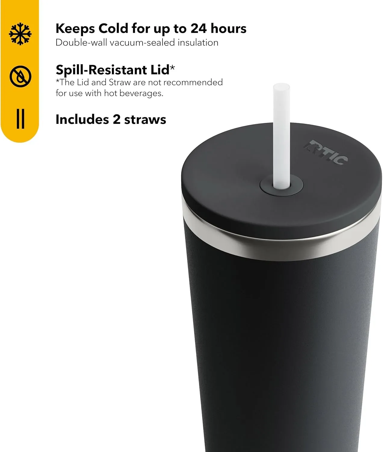 RTIC 28oz Everyday Tumbler Insulated Stainless Steel Portable Travel Coffee Cup with Straw, Spill-Resistant Lid, BPA-Free, Hot and Cold Drink, Ceramic Lining, Black