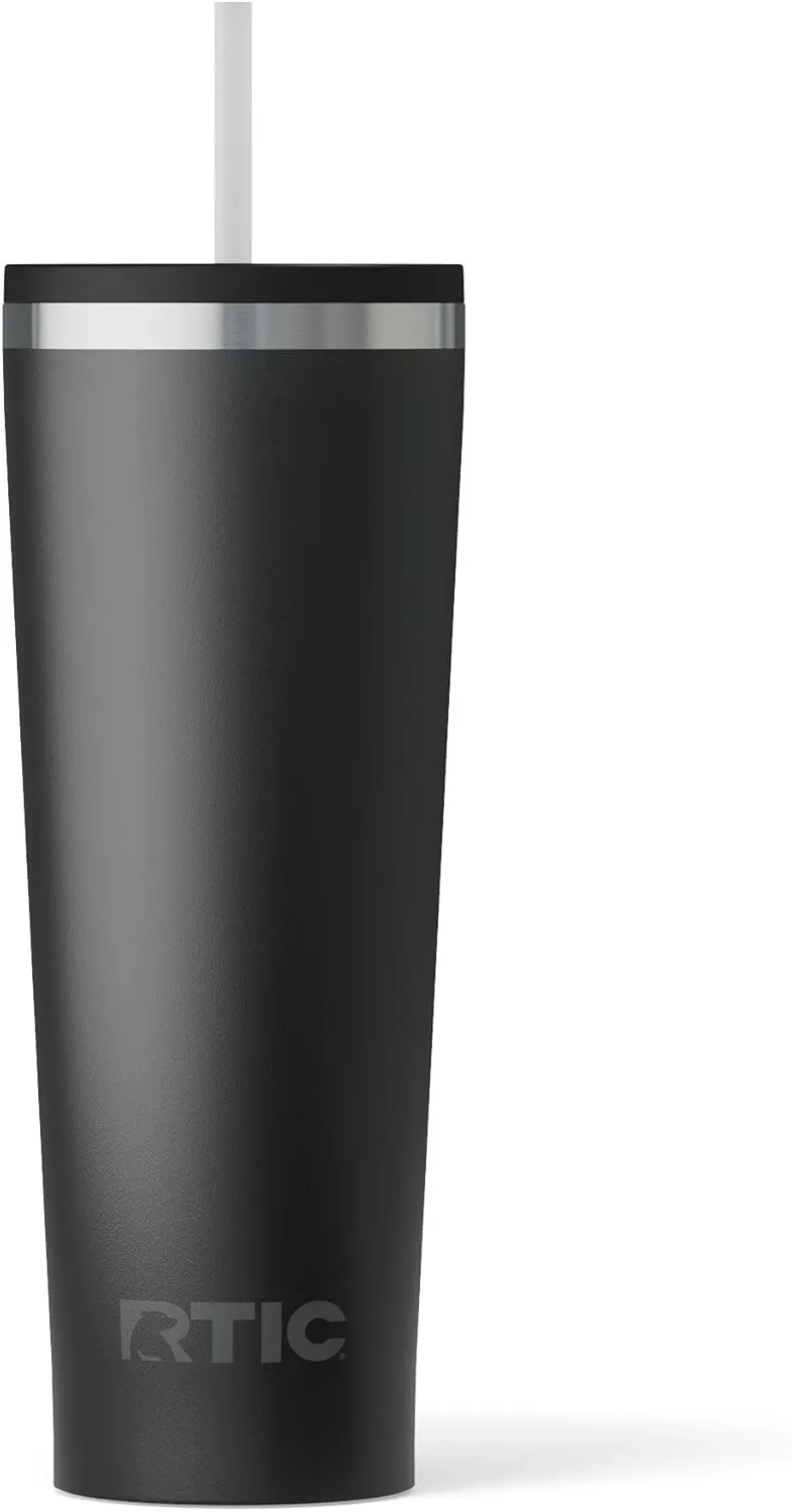 RTIC 28oz Everyday Tumbler Insulated Stainless Steel Portable Travel Coffee Cup with Straw, Spill-Resistant Lid, BPA-Free, Hot and Cold Drink, Ceramic Lining, Black