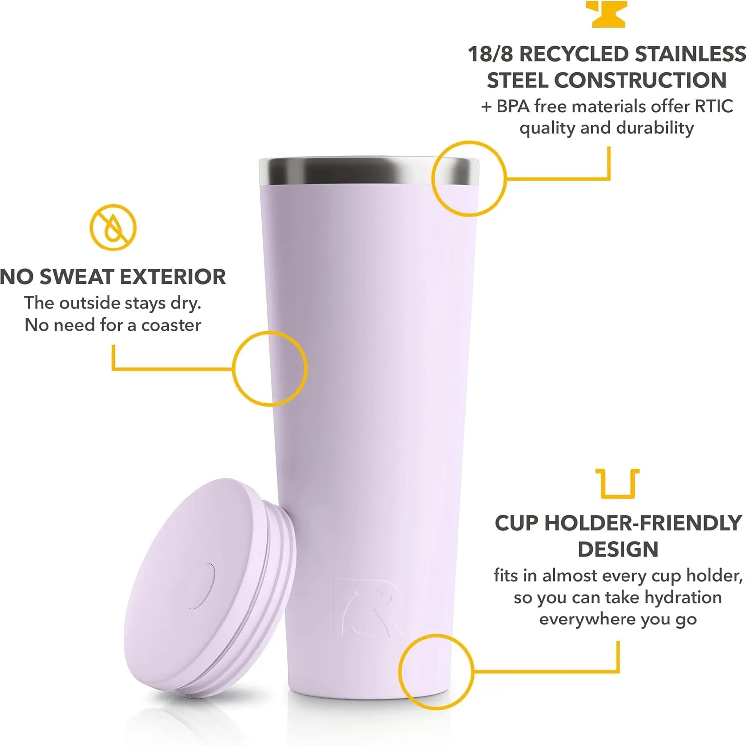 RTIC 28oz Everyday Tumbler Insulated Stainless Steel Portable Travel Coffee Cup with Straw, Spill-Resistant Lid, BPA-Free, Hot and Cold Drink, Ceramic Lining, Dusty Lilac