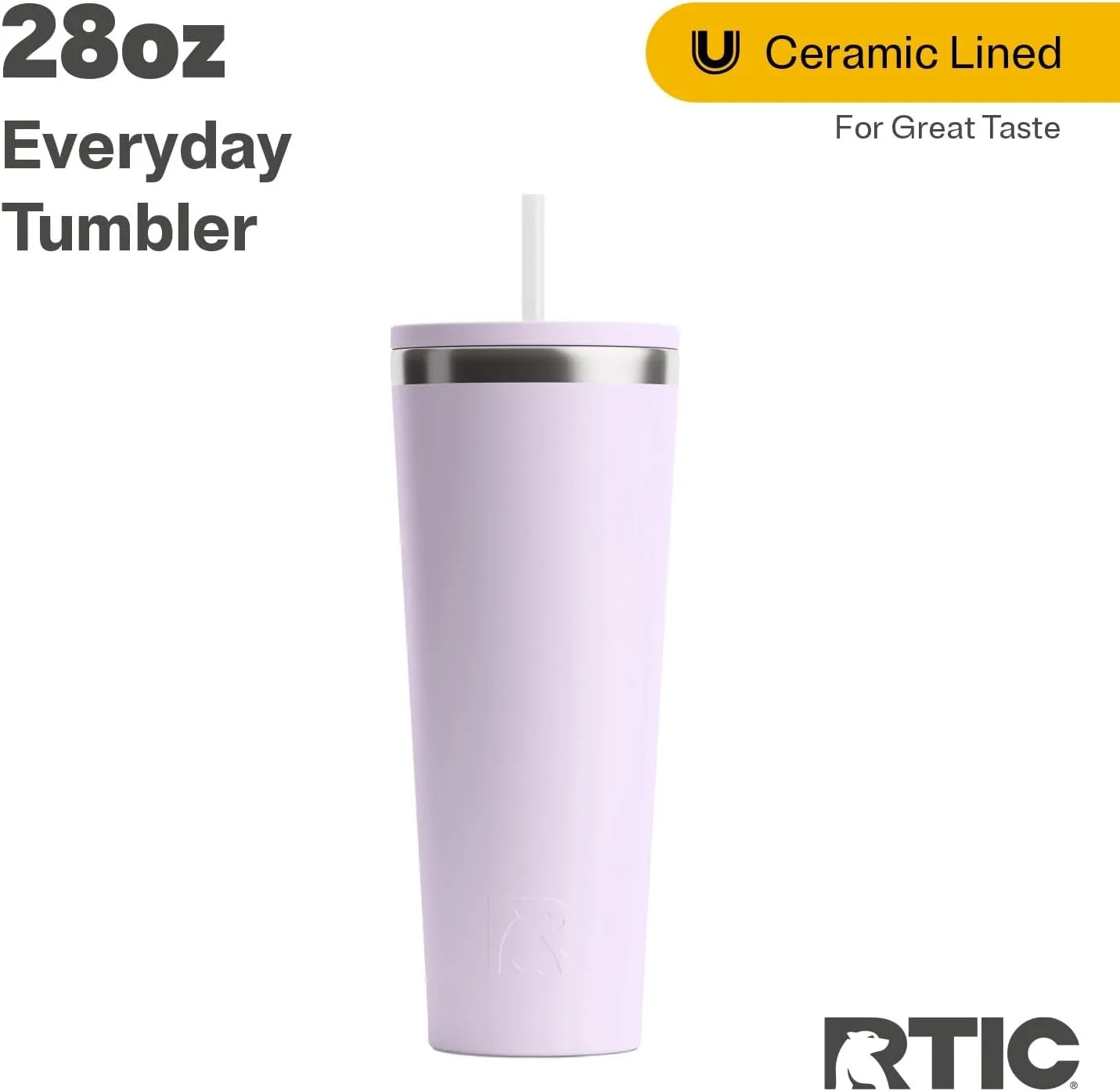 RTIC 28oz Everyday Tumbler Insulated Stainless Steel Portable Travel Coffee Cup with Straw, Spill-Resistant Lid, BPA-Free, Hot and Cold Drink, Ceramic Lining, Dusty Lilac