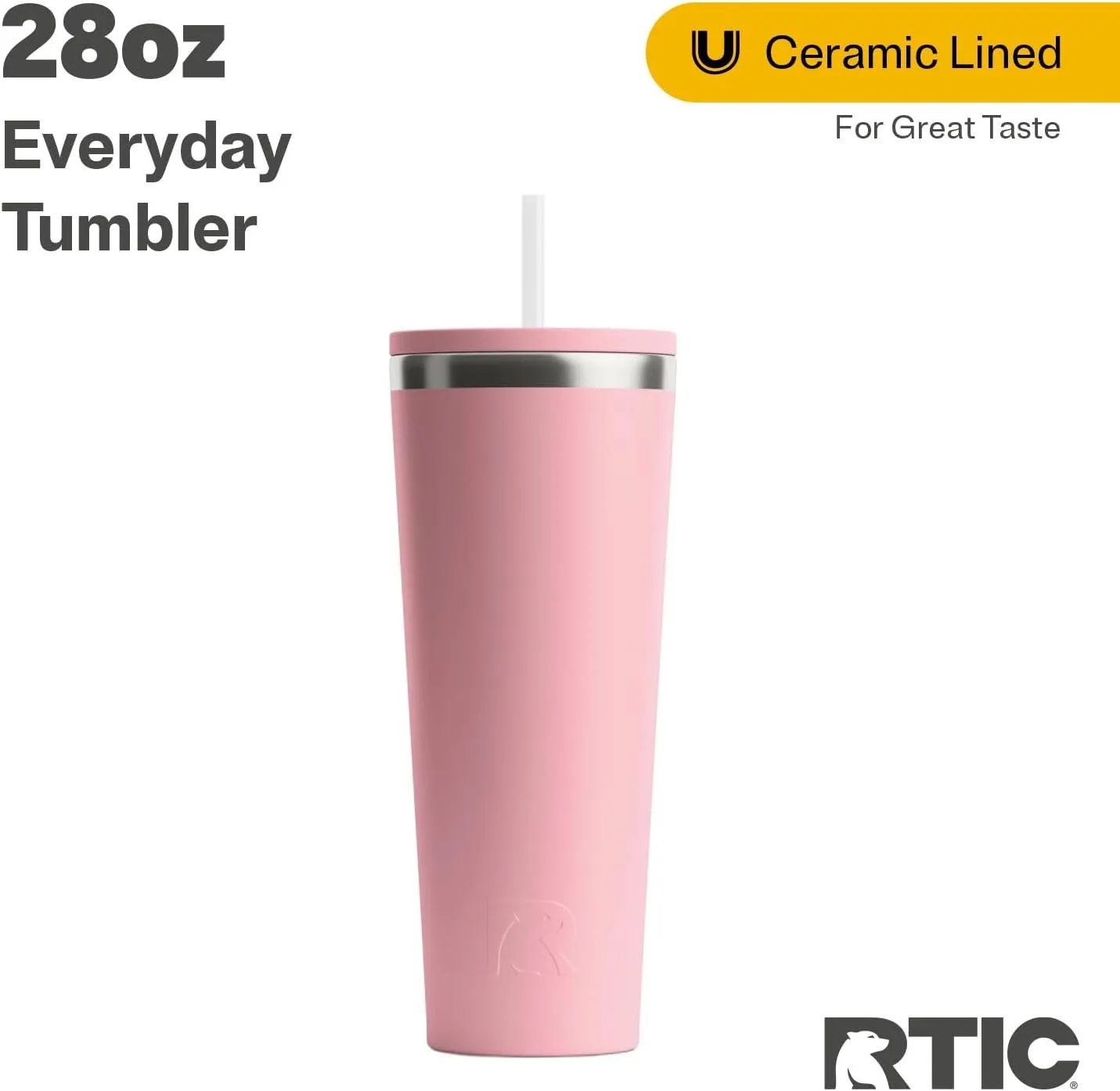 RTIC 28oz Everyday Tumbler Insulated Stainless Steel Portable Travel Coffee Cup with Straw, Spill-Resistant Lid, BPA-Free, Hot and Cold Drink, Ceramic Lining, Dusty Rose
