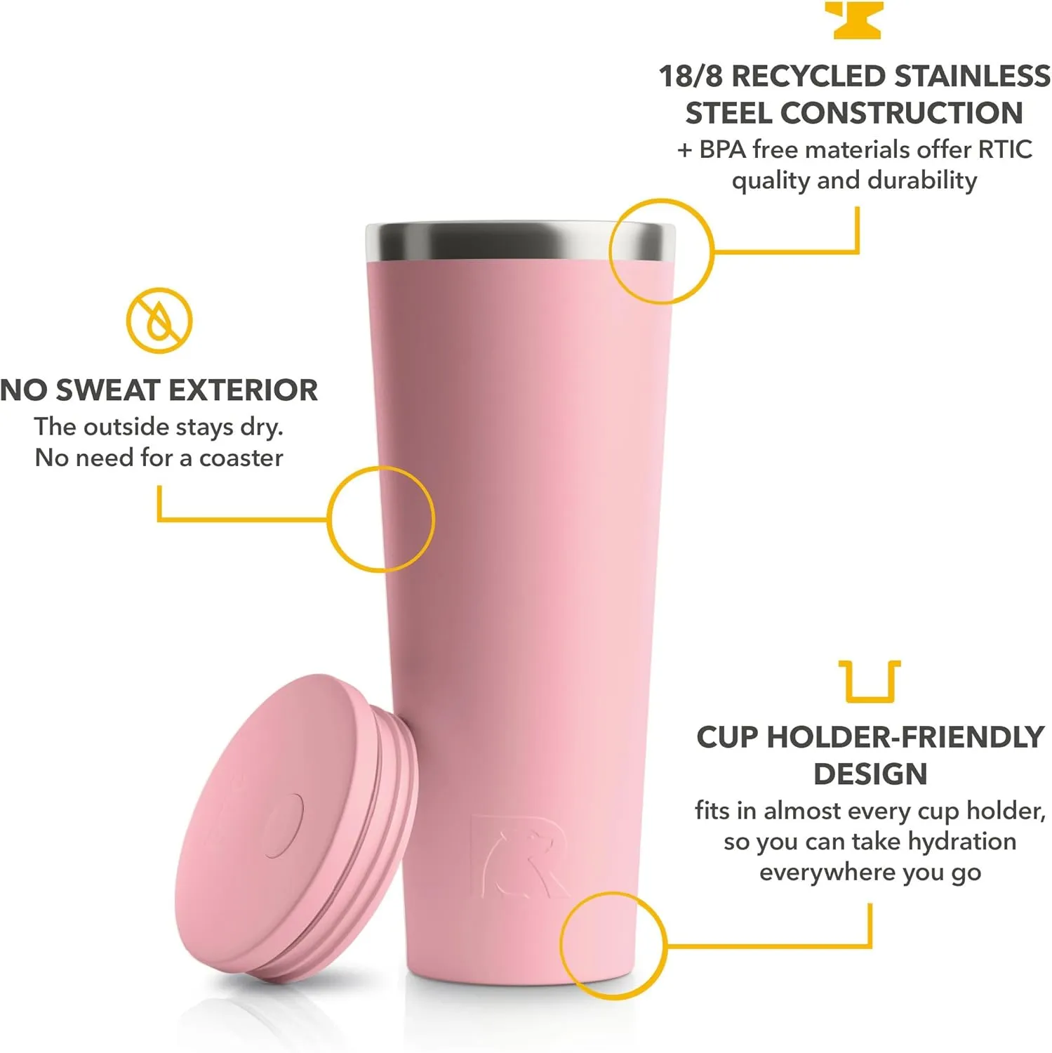 RTIC 28oz Everyday Tumbler Insulated Stainless Steel Portable Travel Coffee Cup with Straw, Spill-Resistant Lid, BPA-Free, Hot and Cold Drink, Ceramic Lining, Dusty Rose