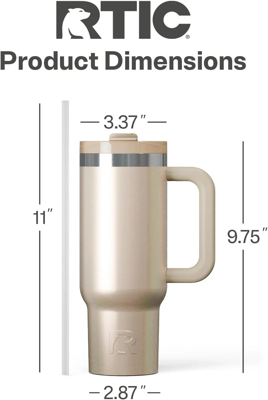 RTIC 30 oz Road Trip Tumbler Double-Walled Insulated Stainless Steel Portable Travel Coffee Mug Cup with Lid, Handle and Straw, Beach Glitter