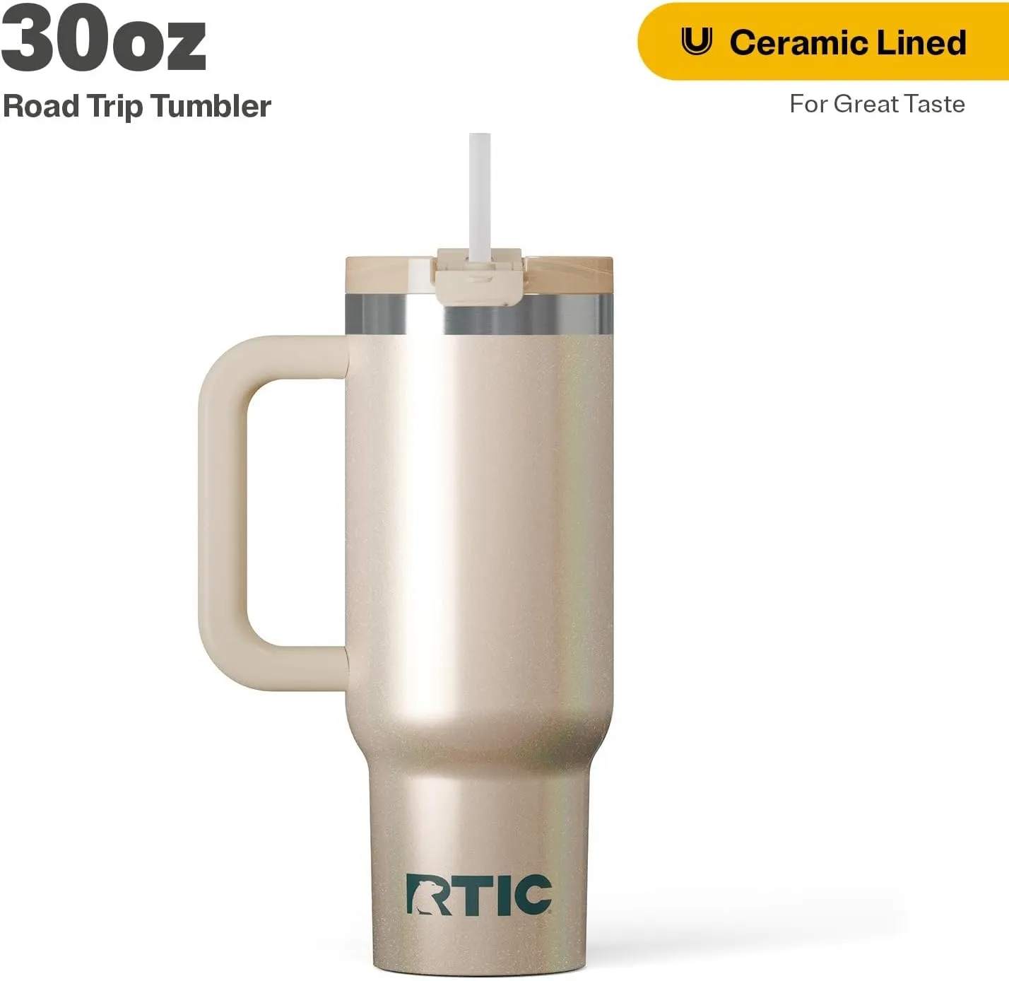 RTIC 30 oz Road Trip Tumbler Double-Walled Insulated Stainless Steel Portable Travel Coffee Mug Cup with Lid, Handle and Straw, Beach Glitter