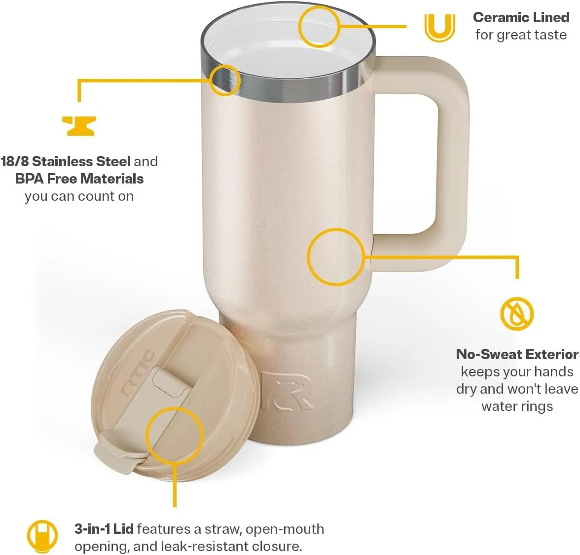 RTIC 30 oz Road Trip Tumbler Double-Walled Insulated Stainless Steel Portable Travel Coffee Mug Cup with Lid, Handle and Straw, Beach Glitter