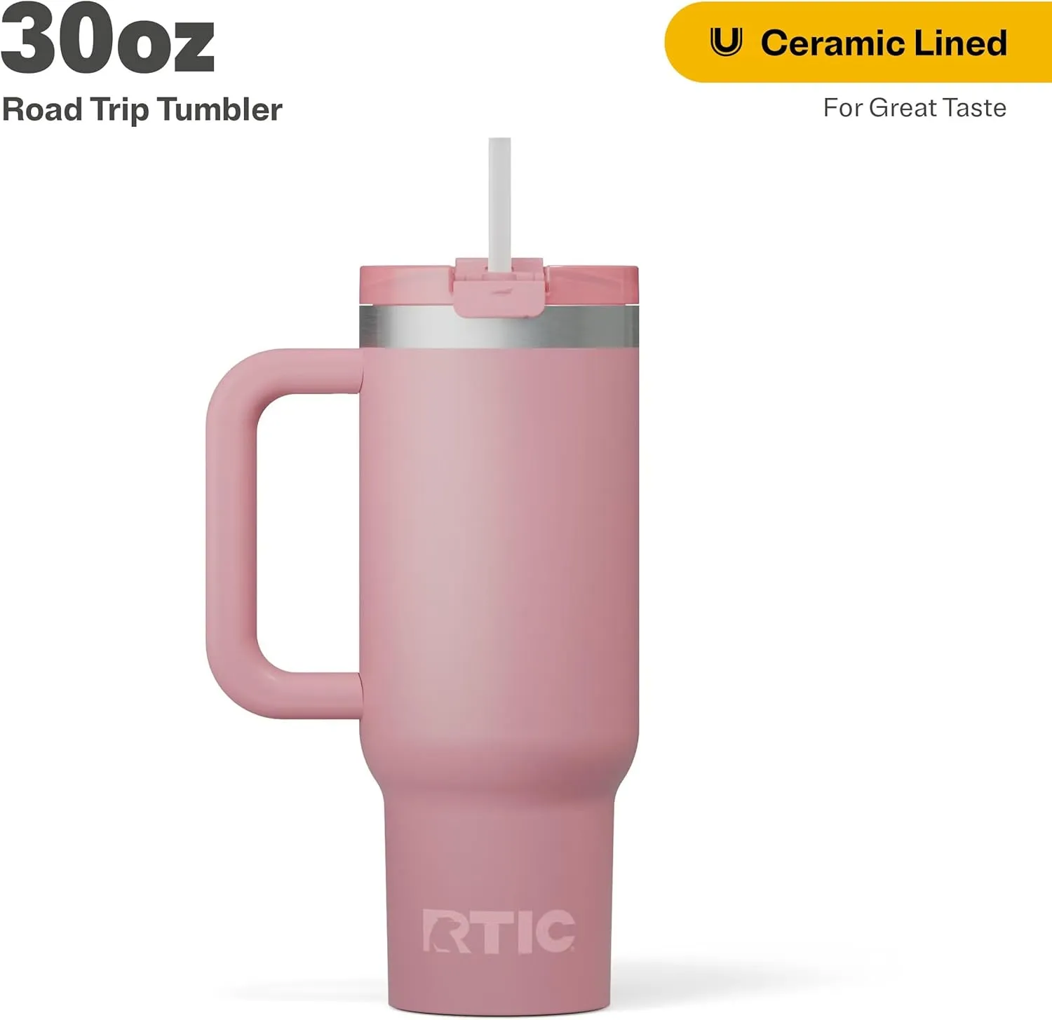 RTIC 30 oz Road Trip Tumbler Double-Walled Insulated Stainless Steel Portable Travel Coffee Mug Cup with Lid, Handle and Straw, Ceramic-Lined, Dusty Rose