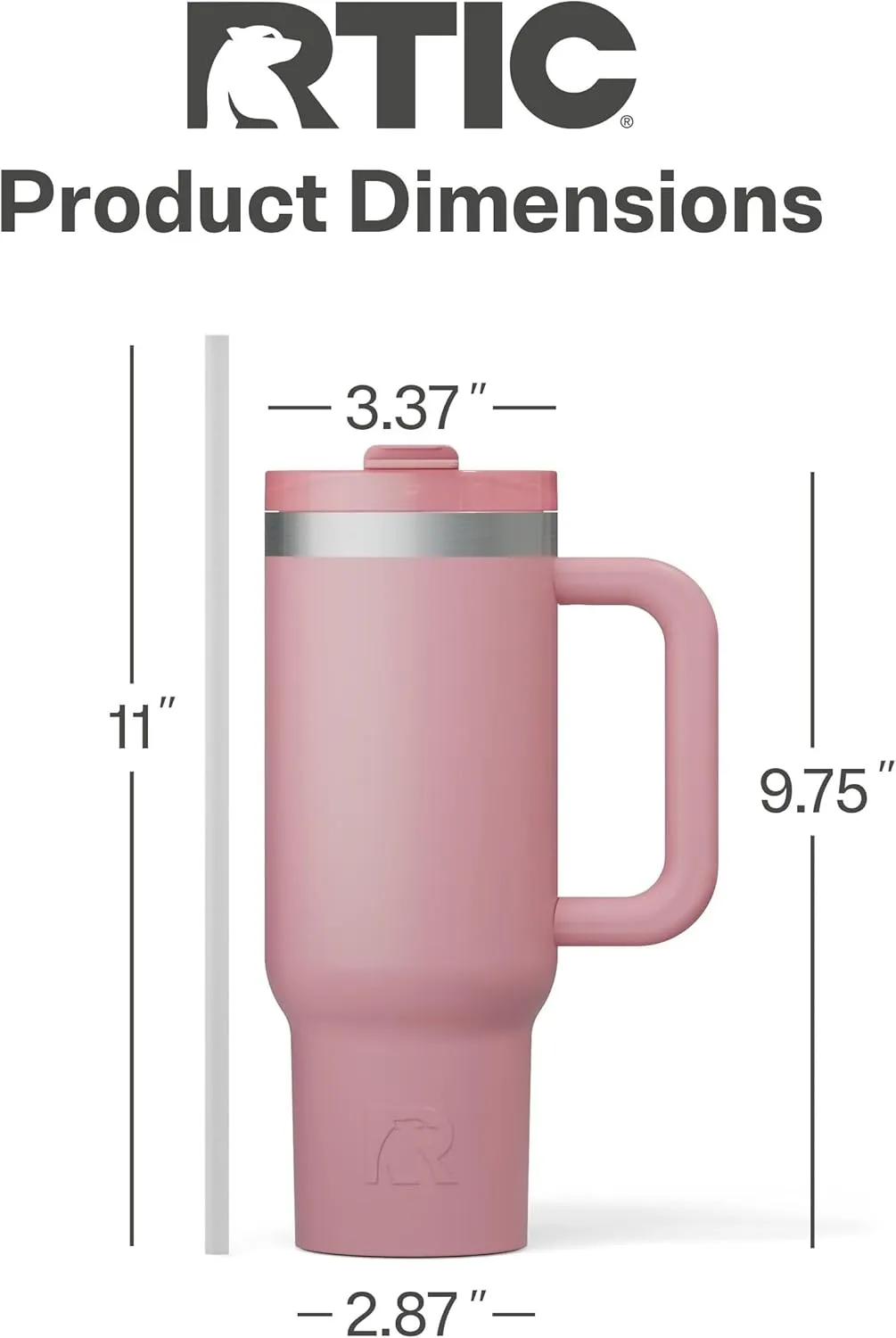 RTIC 30 oz Road Trip Tumbler Double-Walled Insulated Stainless Steel Portable Travel Coffee Mug Cup with Lid, Handle and Straw, Ceramic-Lined, Dusty Rose