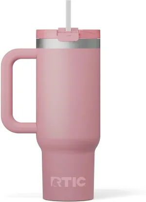 RTIC 30 oz Road Trip Tumbler Double-Walled Insulated Stainless Steel Portable Travel Coffee Mug Cup with Lid, Handle and Straw, Ceramic-Lined, Dusty Rose