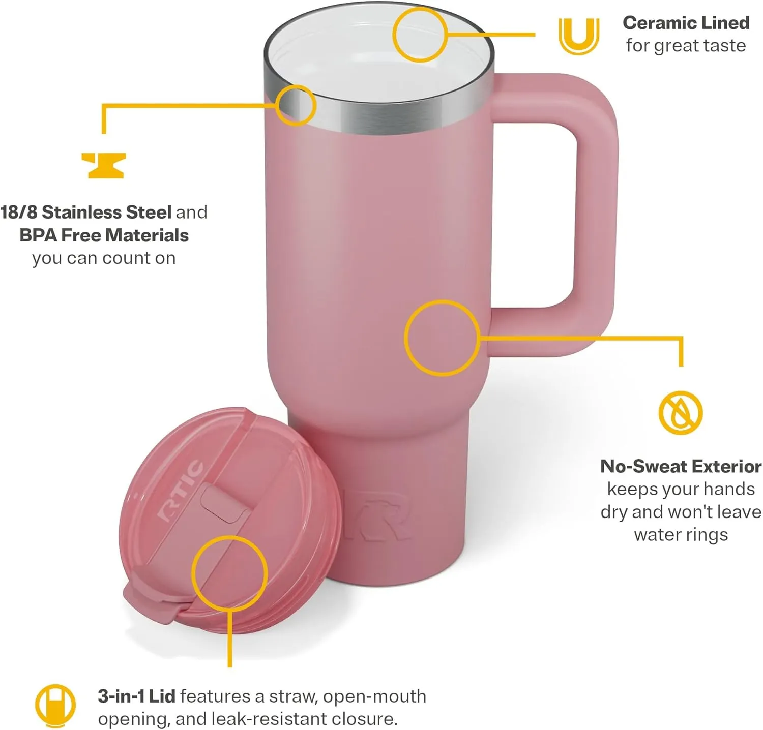 RTIC 30 oz Road Trip Tumbler Double-Walled Insulated Stainless Steel Portable Travel Coffee Mug Cup with Lid, Handle and Straw, Ceramic-Lined, Dusty Rose