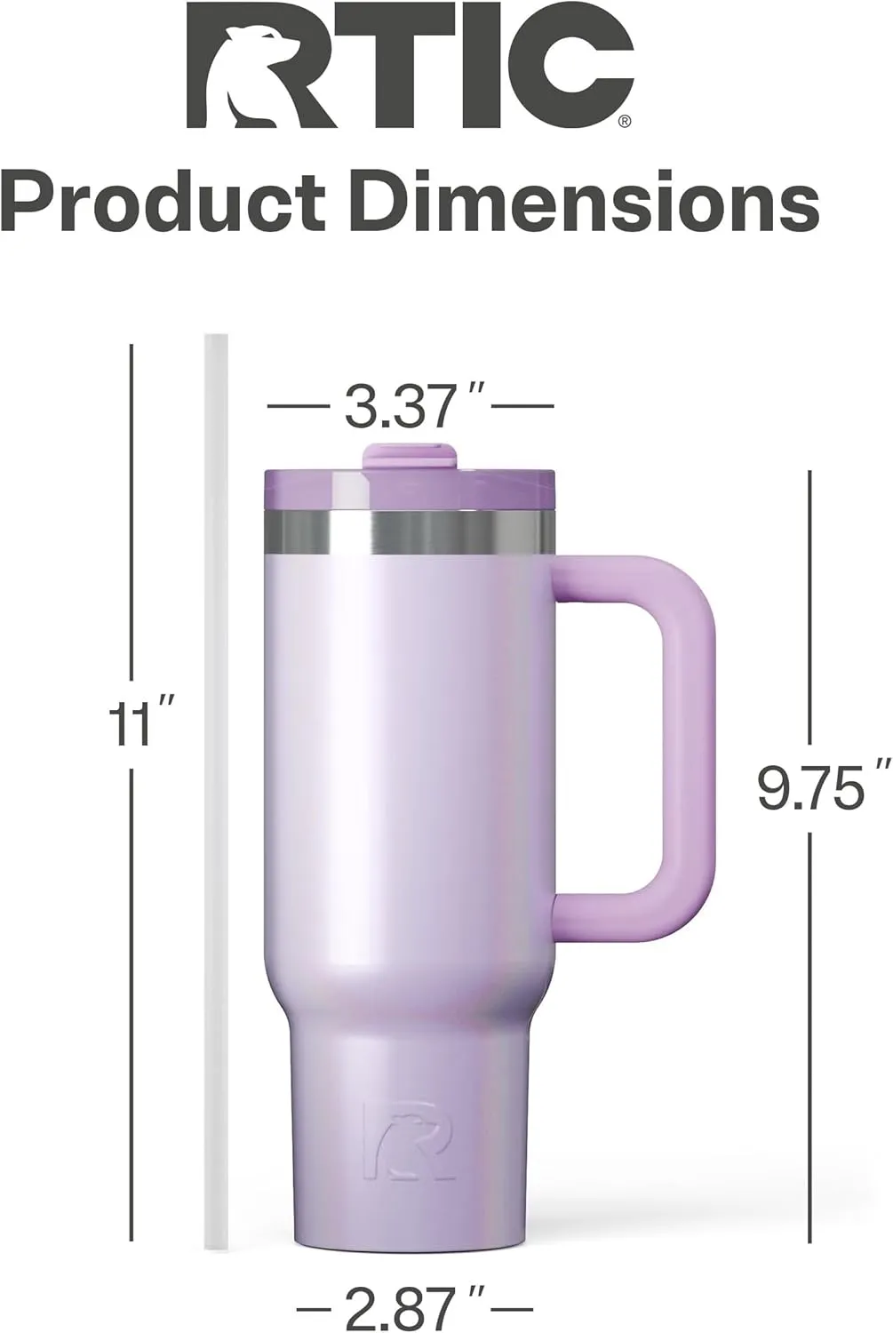 RTIC 30 oz Road Trip Tumbler Double-Walled Insulated Stainless Steel Portable Travel Coffee Mug Cup with Lid, Handle and Straw, Ceramic-Lined, Lavender Glitter