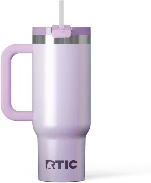 RTIC 30 oz Road Trip Tumbler Double-Walled Insulated Stainless Steel Portable Travel Coffee Mug Cup with Lid, Handle and Straw, Ceramic-Lined, Lavender Glitter