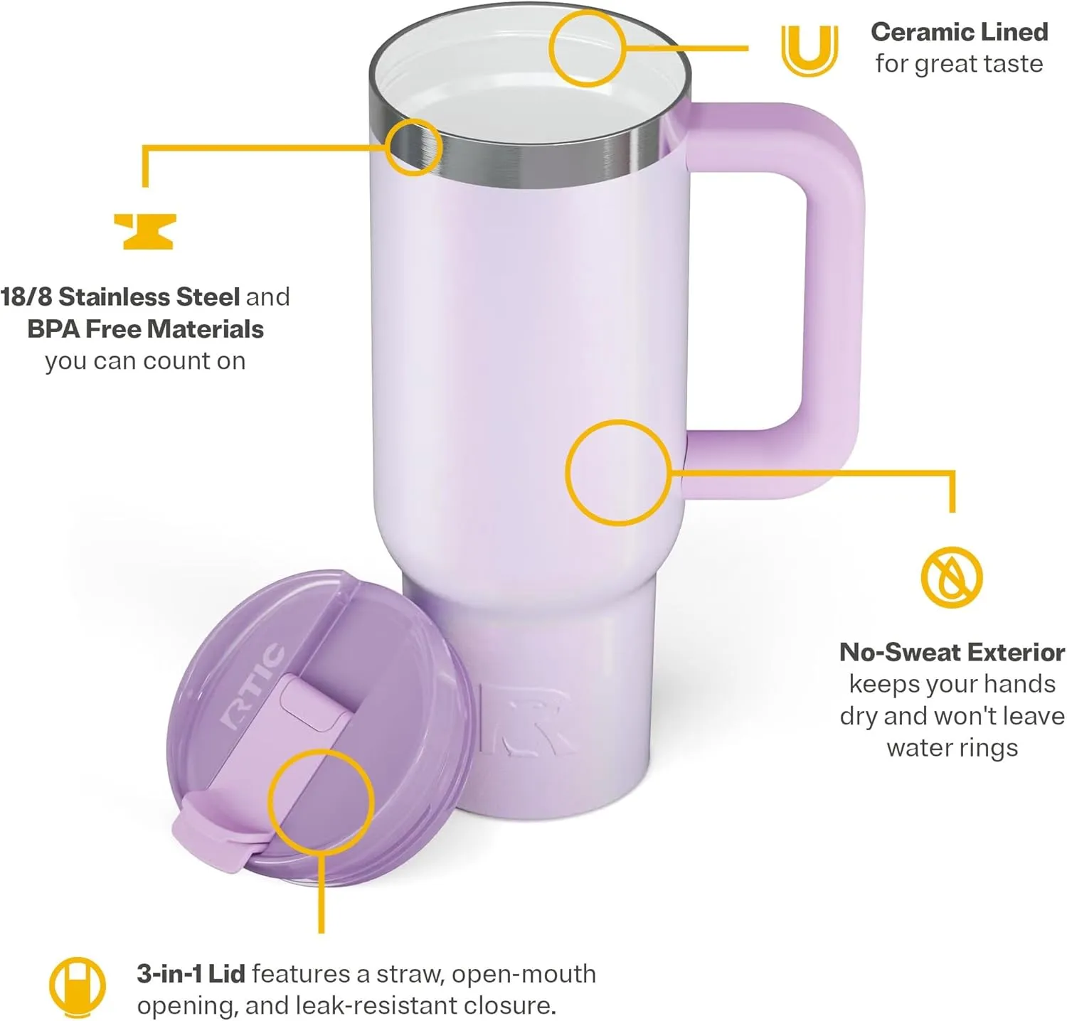 RTIC 30 oz Road Trip Tumbler Double-Walled Insulated Stainless Steel Portable Travel Coffee Mug Cup with Lid, Handle and Straw, Ceramic-Lined, Lavender Glitter