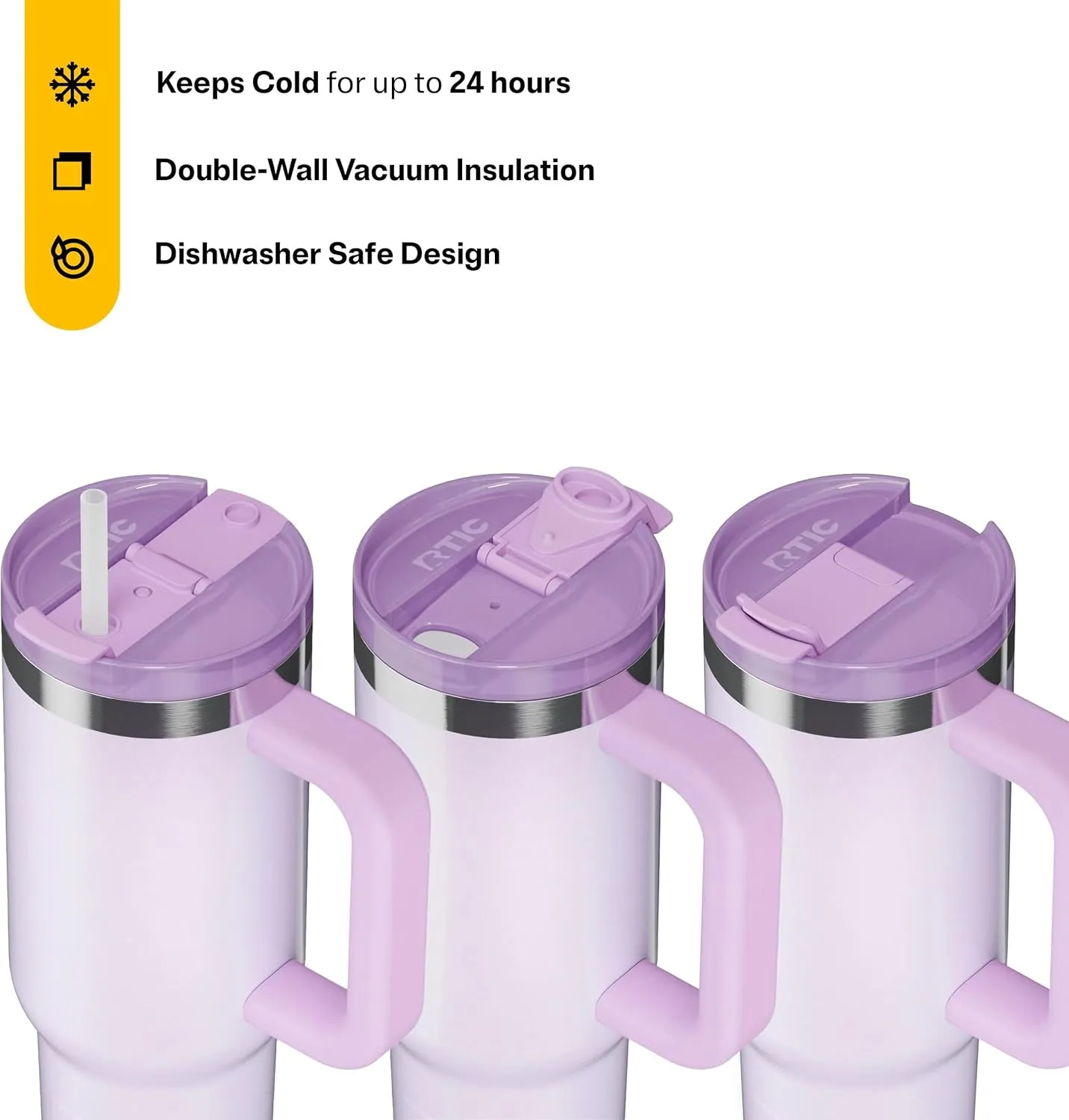 RTIC 30 oz Road Trip Tumbler Double-Walled Insulated Stainless Steel Portable Travel Coffee Mug Cup with Lid, Handle and Straw, Ceramic-Lined, Lavender Glitter
