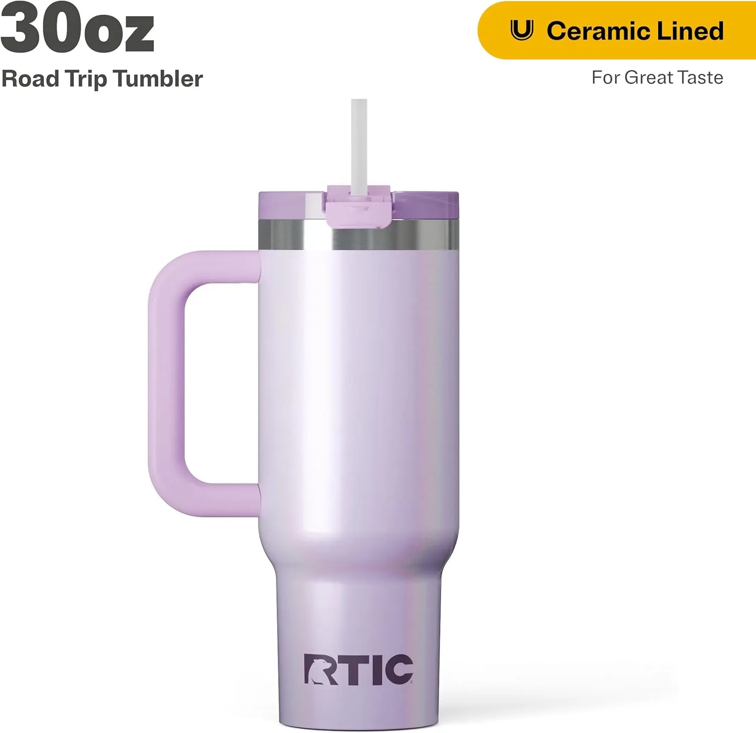RTIC 30 oz Road Trip Tumbler Double-Walled Insulated Stainless Steel Portable Travel Coffee Mug Cup with Lid, Handle and Straw, Ceramic-Lined, Lavender Glitter