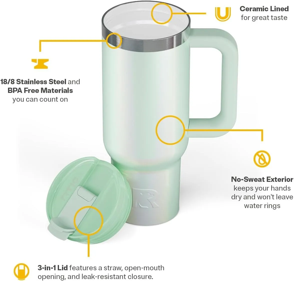 RTIC 30 oz Road Trip Tumbler Double-Walled Insulated Stainless Steel Portable Travel Coffee Mug Cup with Lid, Handle and Straw, Fresh Mint Glitter