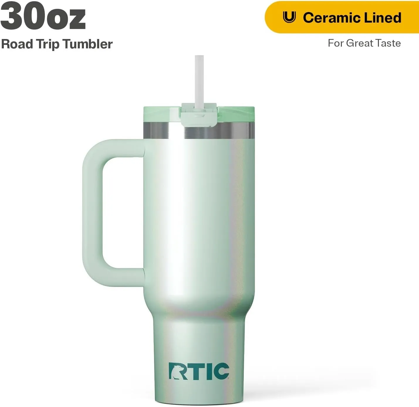 RTIC 30 oz Road Trip Tumbler Double-Walled Insulated Stainless Steel Portable Travel Coffee Mug Cup with Lid, Handle and Straw, Fresh Mint Glitter