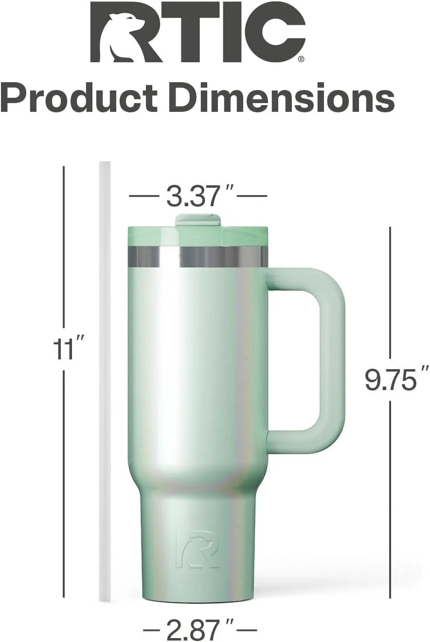 RTIC 30 oz Road Trip Tumbler Double-Walled Insulated Stainless Steel Portable Travel Coffee Mug Cup with Lid, Handle and Straw, Fresh Mint Glitter