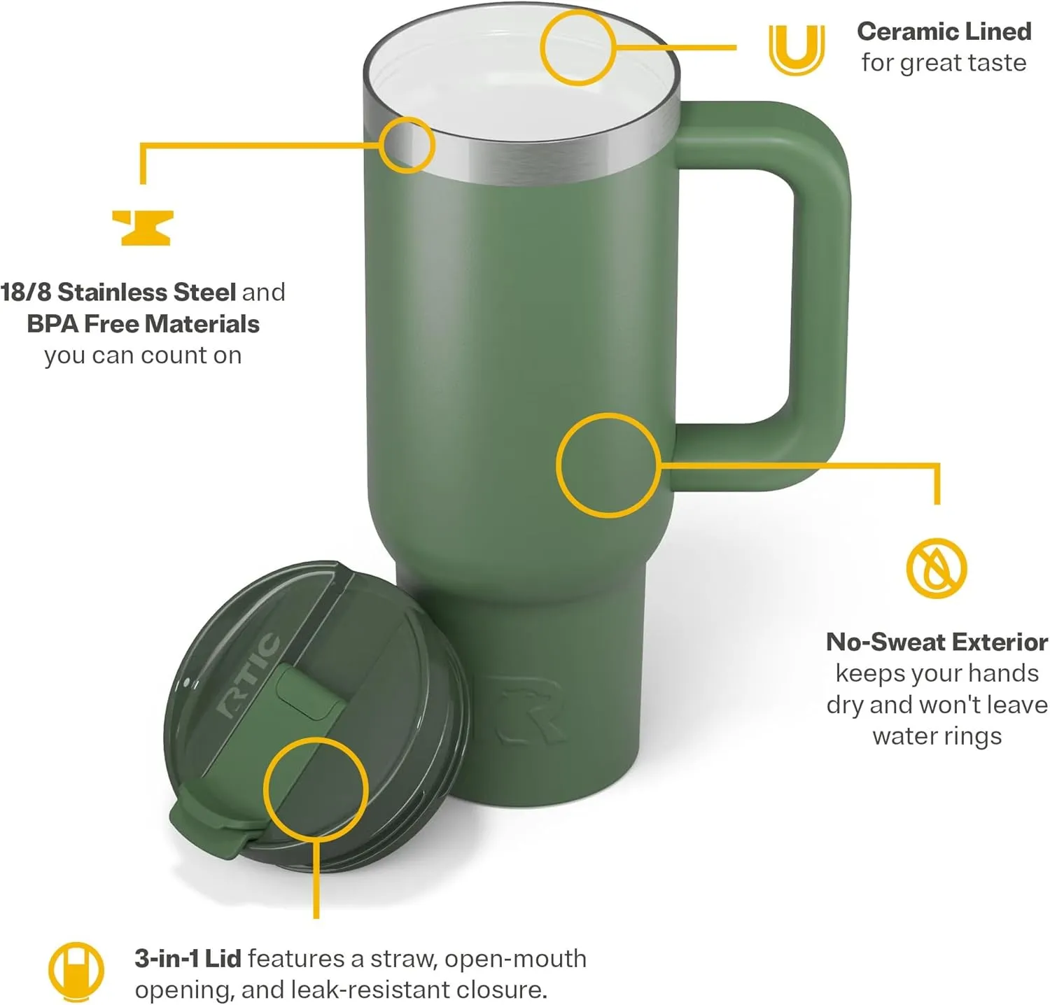 RTIC 30 oz Road Trip Tumbler Double-Walled Insulated Stainless Steel Travel Coffee Mug with Lid, Handle and Straw, Hot and Cold Drink, Portable Thermal Cup for Car, Camping, Spill-Resistant, Sage