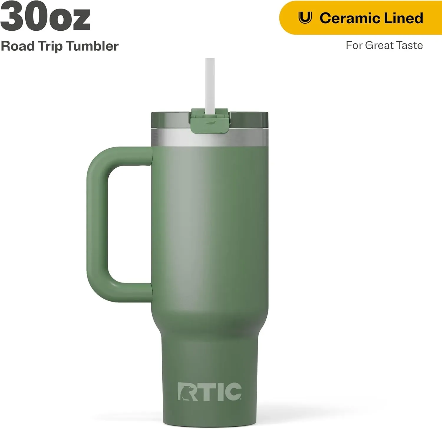 RTIC 30 oz Road Trip Tumbler Double-Walled Insulated Stainless Steel Travel Coffee Mug with Lid, Handle and Straw, Hot and Cold Drink, Portable Thermal Cup for Car, Camping, Spill-Resistant, Sage